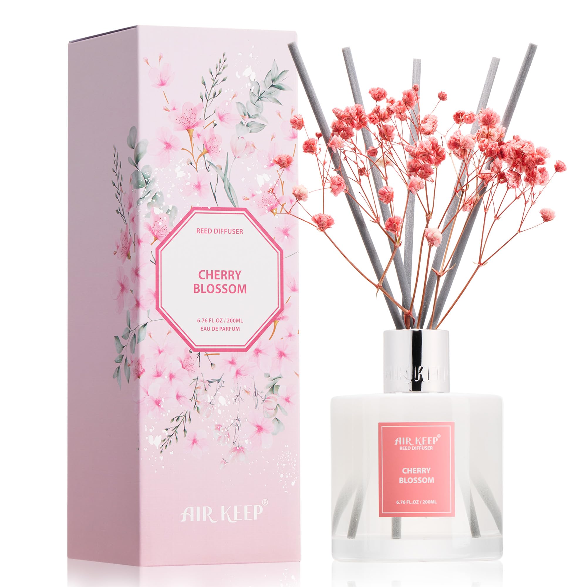 Airkeep Reed Diffuser Set,6.96 fl oz (200 ml) - Cherry Blossom Oil Diffusers with 8 Reed Sticks, Home Fragrance Reed Diffuser for Bathroom Shelf Decor