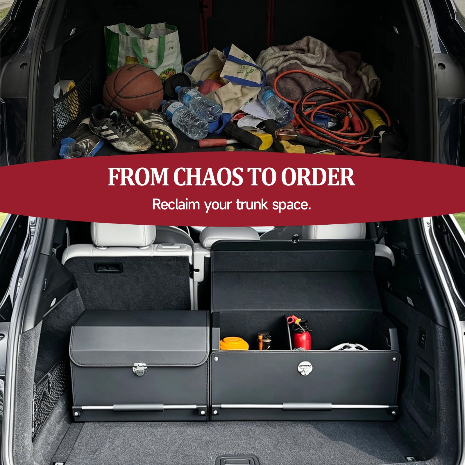 Organizador de maletero con tapa, caja modular 2 en 1 XXL de piel Nappa, asa deslizante empujable, gran capacidad 92L compatible con coches, SUV y monovolúmenes (103 x 29 x 31 cm)