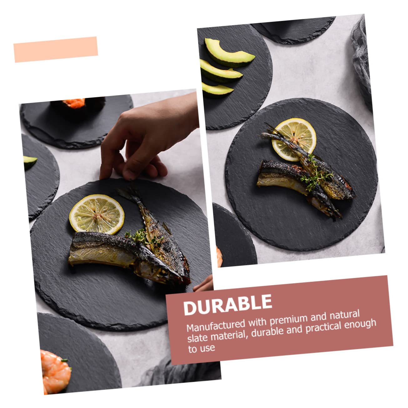 SECFOU Plato Redondo de Pizarra Natural Negro para Servir Comida | Multiuso para Desayuno y Postres, Estilo Rústico Chic, Adecuado para Hotel y Restaurante Occidental