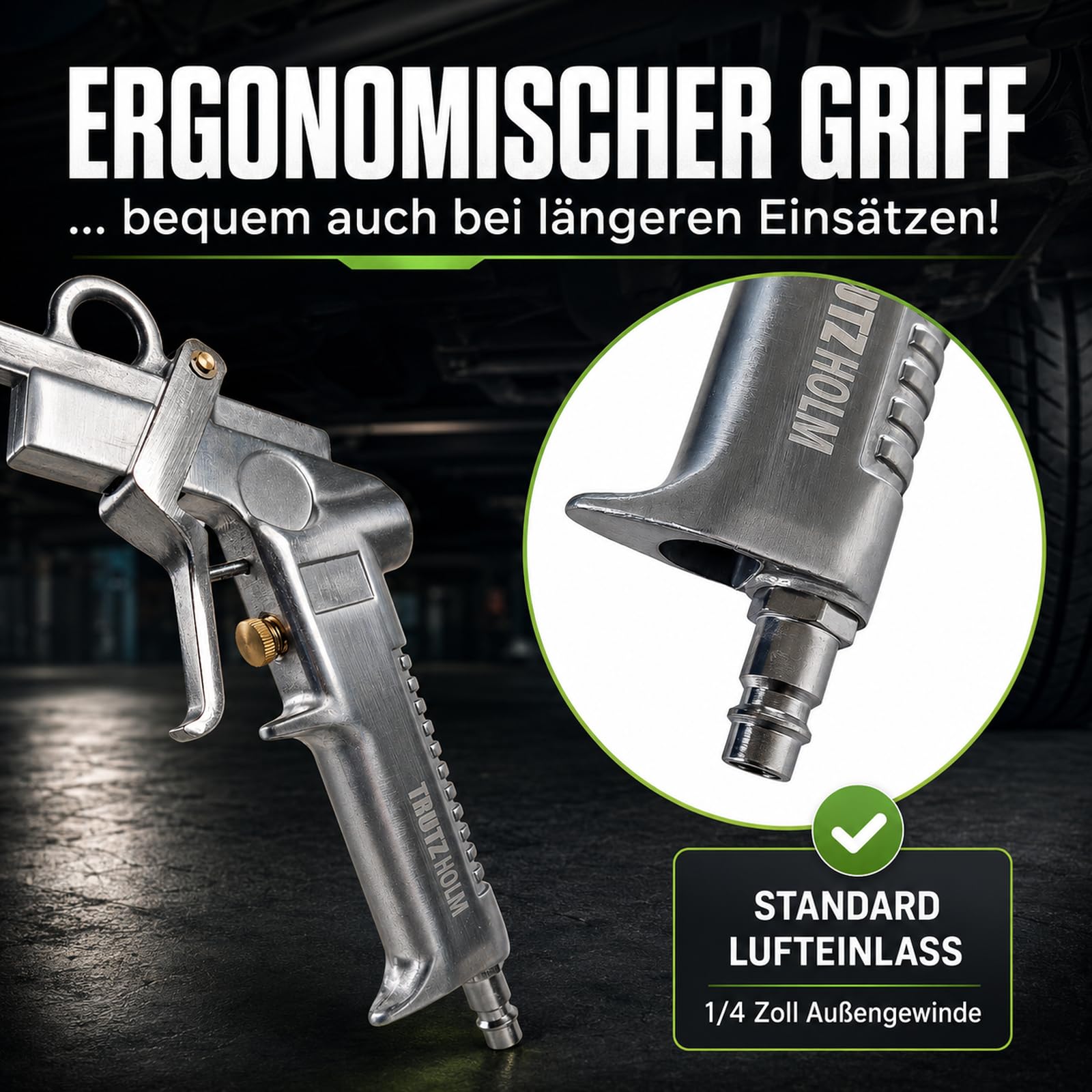 TRUTZHOLM Druckbecherpistole mit 1100 ml Tank aus robustem Stahl 4-6 bar 1/4" Lufteinlass Hohlraumpistole zur Hohlraumversiegelung Unterbodenschutz inkl. Schläuche Hakendüse Runddüse