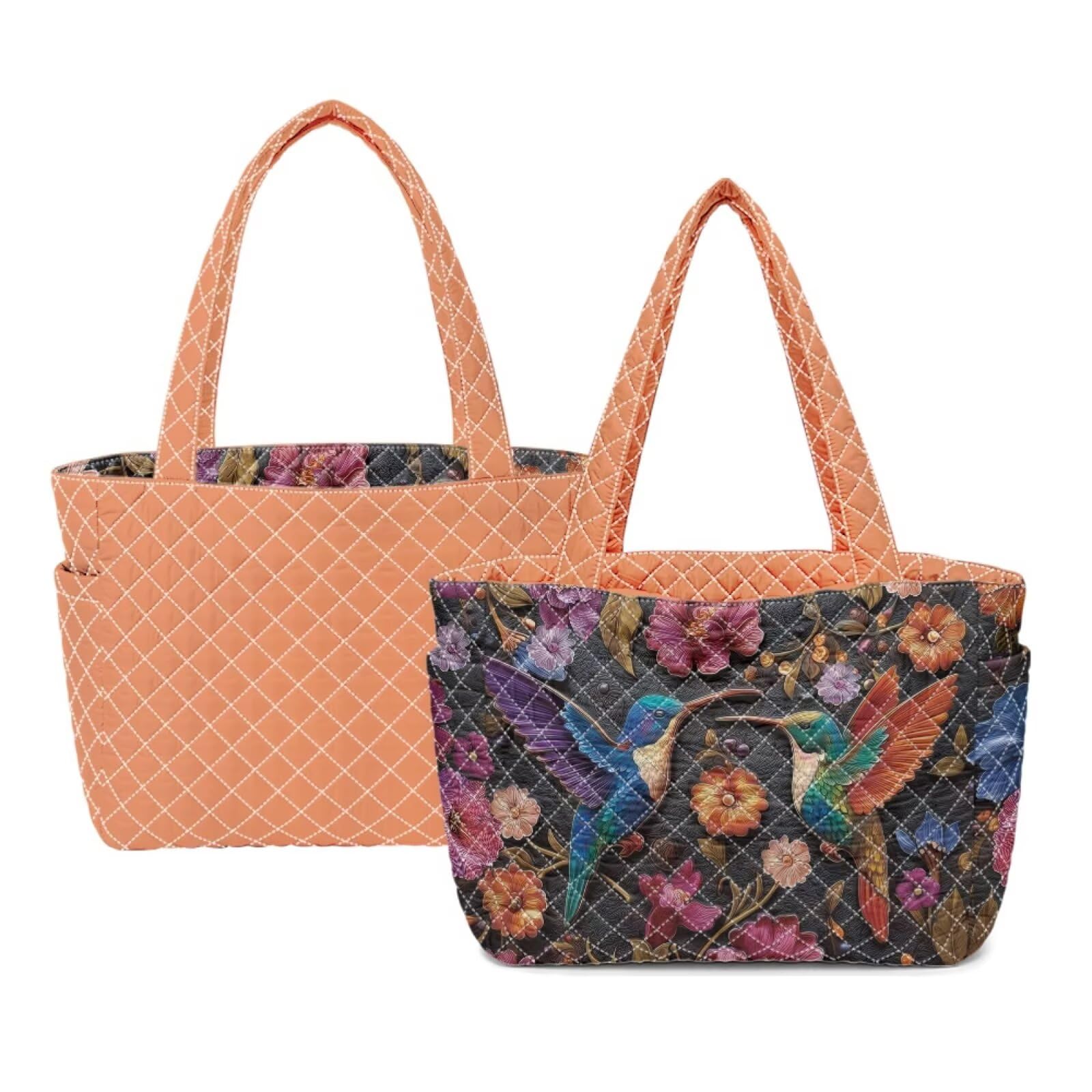 Hummingbird Printed Tote Bag Womens Quilted Top Handle Handbag Lightweight Shoulder Purse Soft Grey Two-tone Tote Handbags Washable Handbags for Travel Shopping, Black and Orange | quilted design, Two-tone design