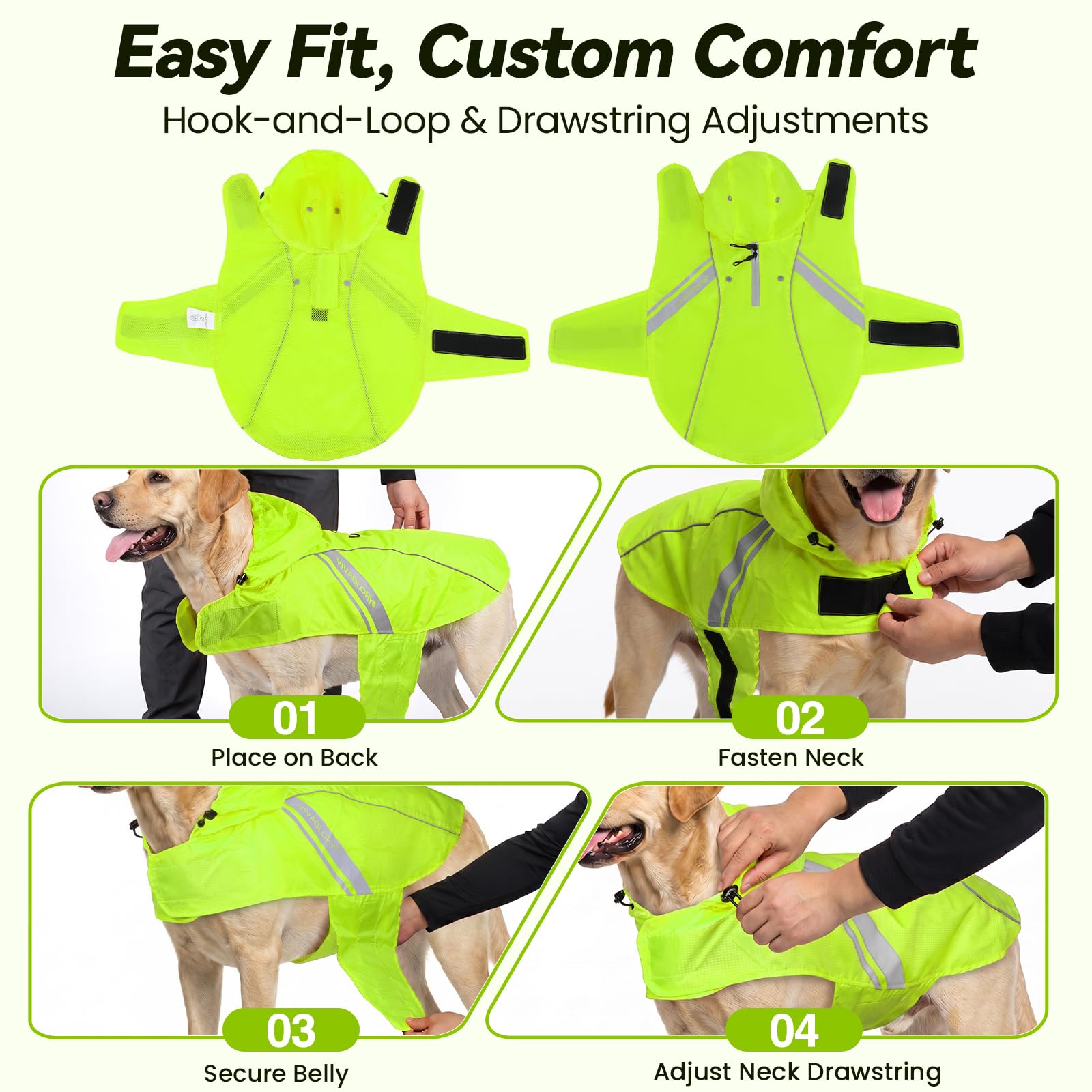 VIVAGLORY Impermeable para Perros Grandes, Fácil de Poner y Quitar, Ropa Reflectante, Ligera y Transpirable, Chaleco de Seguridad, Amarillo Brillante | Chaqueta impermeable con capucha y agujero para arnés, impermeable y ligera para cachorros, perros y ma