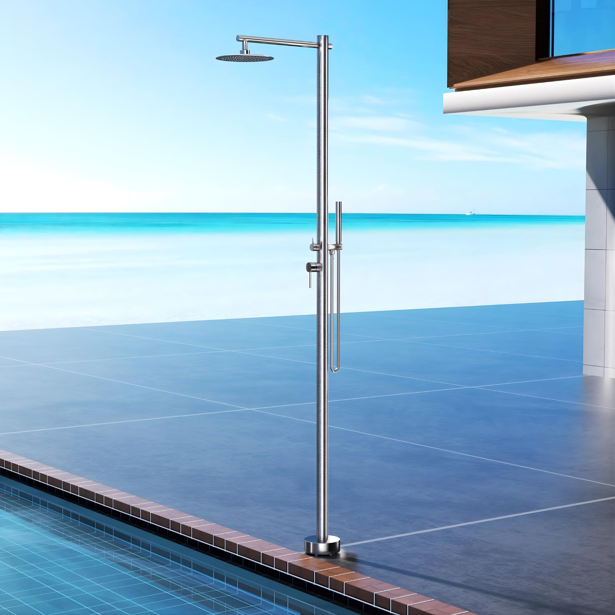 NOLUXA IMEX - Ducha Piscina Exterior Acero S.316 Agua Caliente Fría | Ducha Empotrada Suelo para Jardín, Piscina y Terraza con Alcachofa y Rociador | Grifería Monomando con Doble Entrada