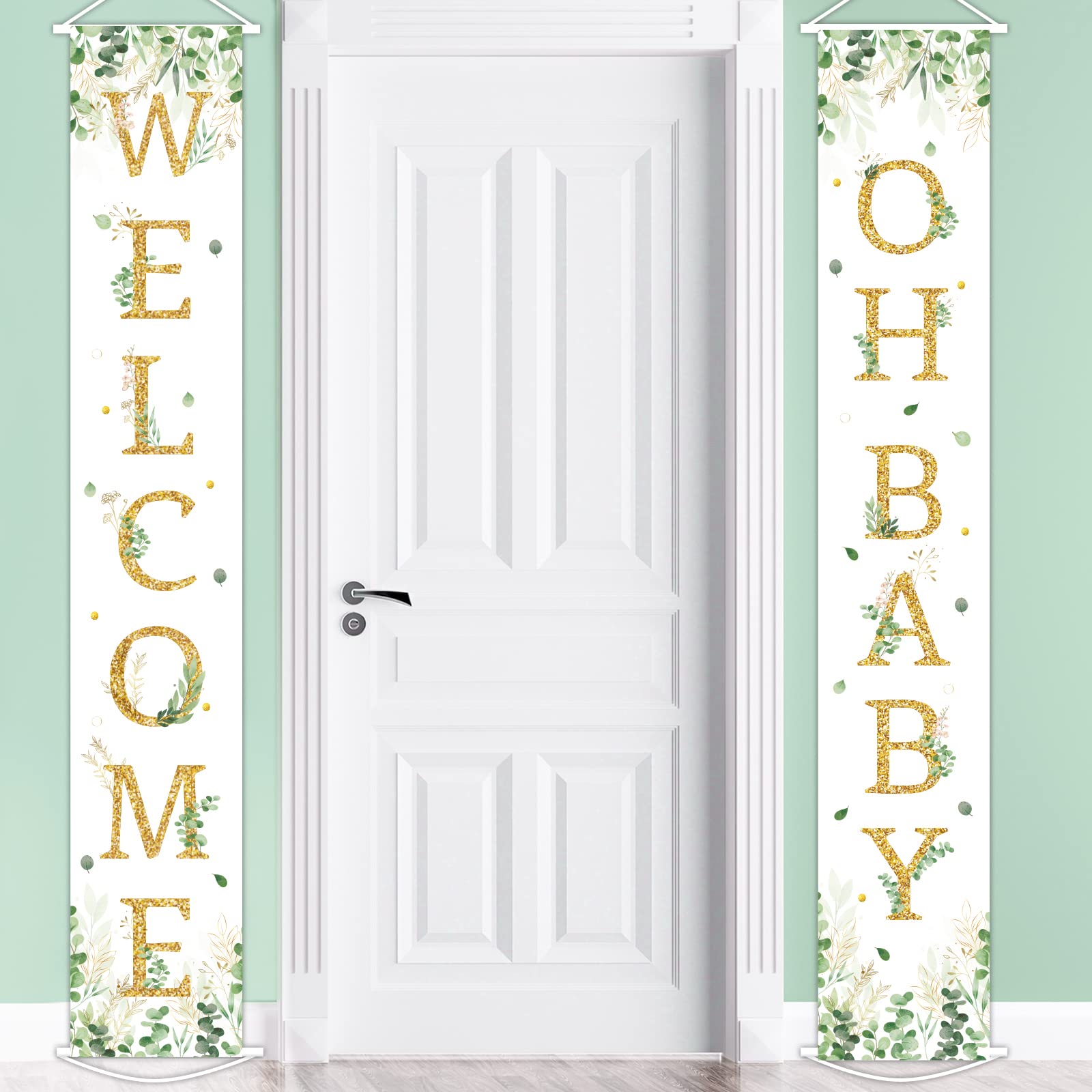 ZOIIWA Sage Greenery Oh Baby Hanging Porch Sign for Baby Shower Party Decorations Green Eucalyptus Leaves Welcome Oh Baby Door Banner for Boys Girls Gender Reveal Theme Party Supplies Indoor Outdoor