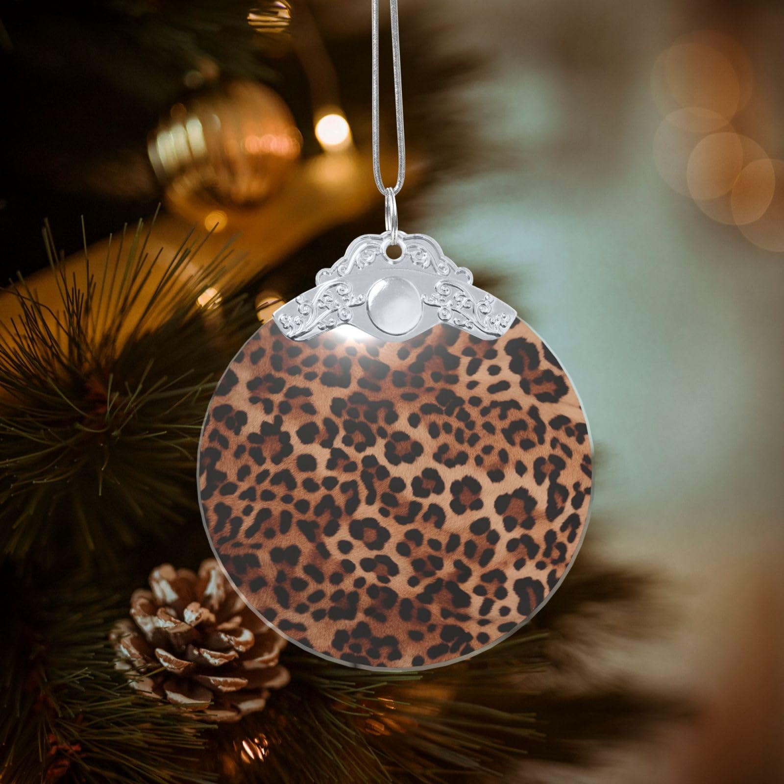 Crystal Christmas Ornaments for Christmas Tree Decoration Hanging Leopard Print Ornament with Gold Ribbon Crafts Round Pendant for Keepsake Gifts Glass Xmas Decor Party Supplies