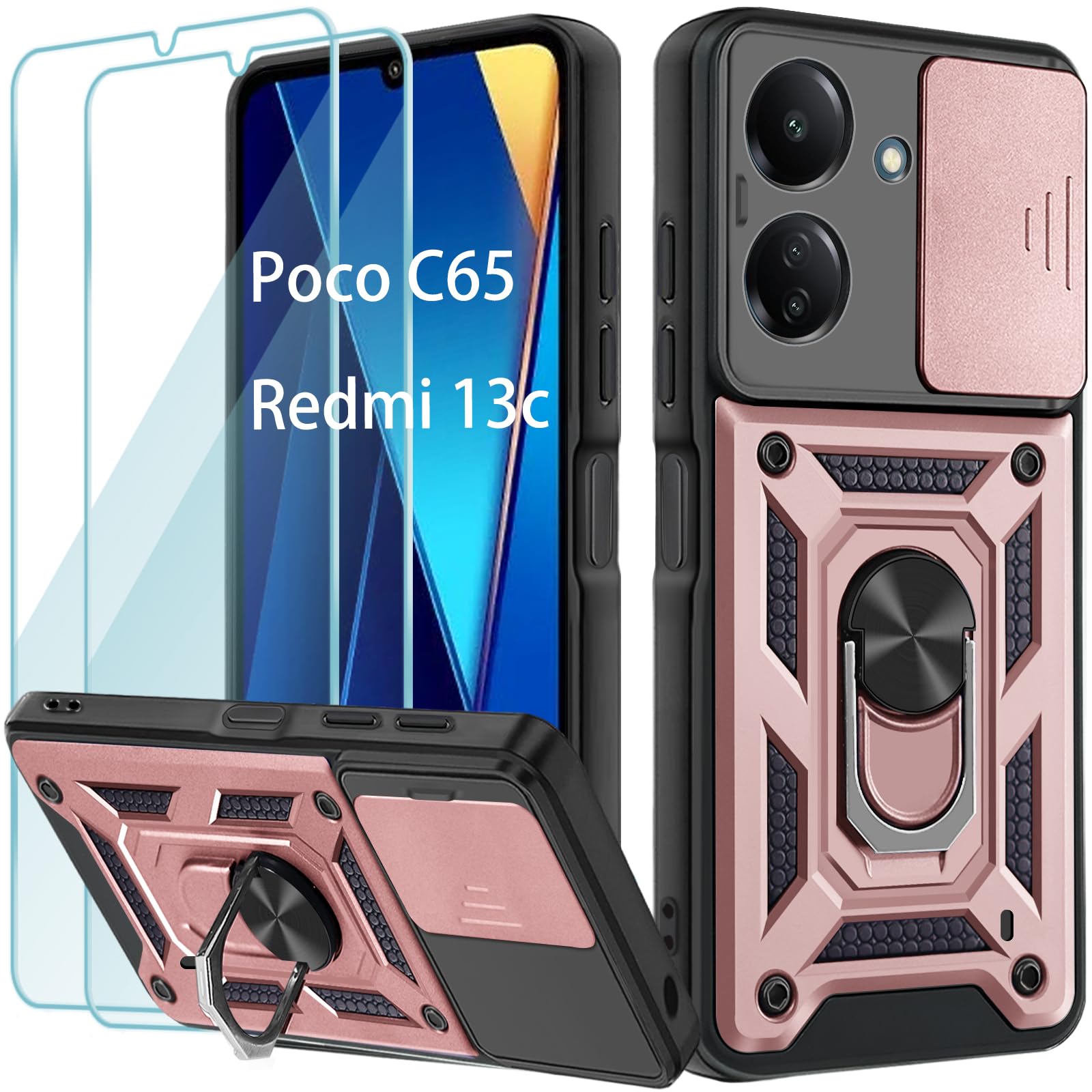Yohii Handyhülle Für Xiaomi Poco C65 / Redmi 13C – Mit 360° Ring-Ständer, Kameraschutz, Inkl. 2 Schutzfolien