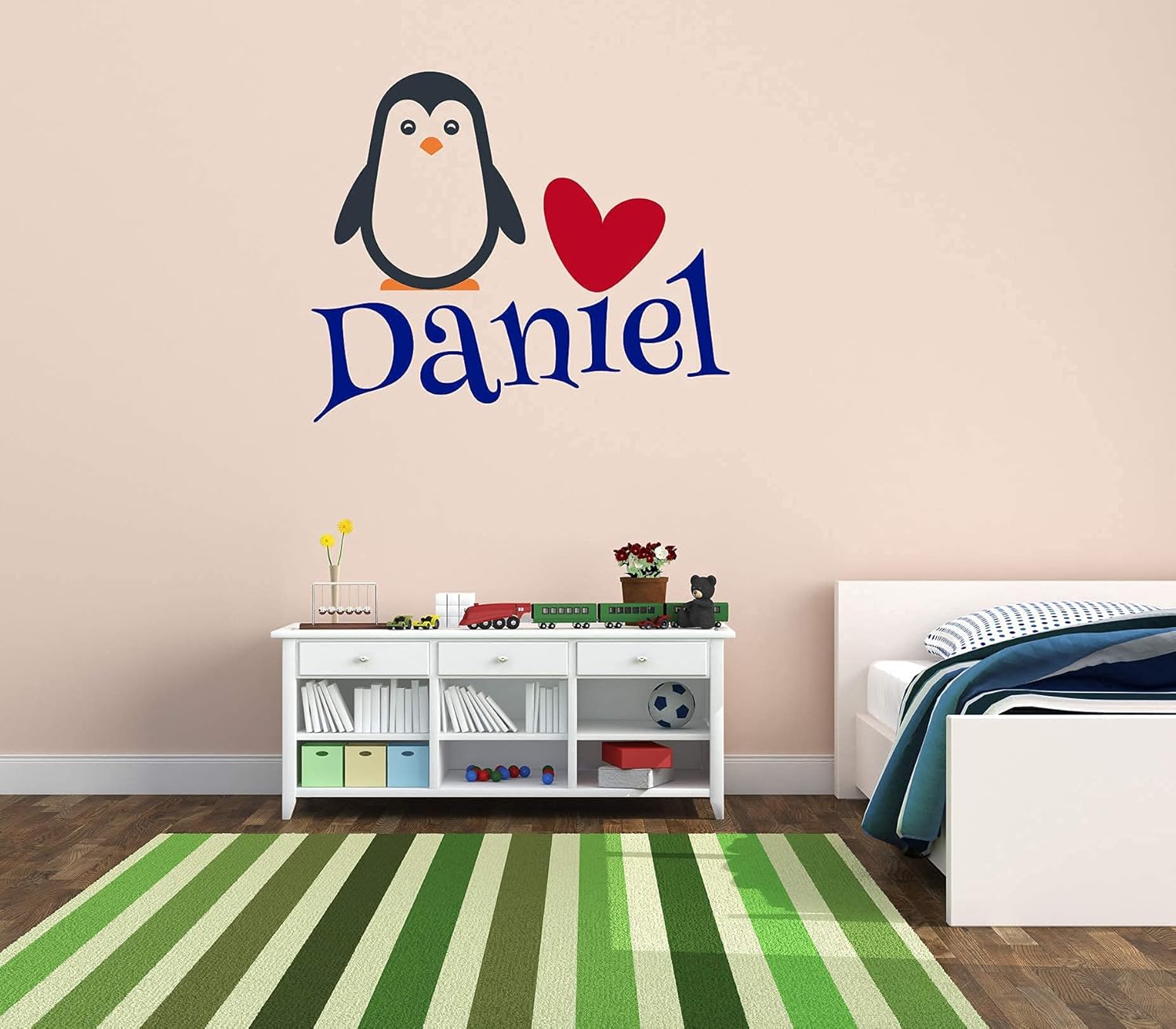 Penguin Custom Name Wall Decal - Penguin Wall Decal - Personalize Penguin Love Name Sticker - Wall Decal for Home Nursery Playroom Bedroom Decoration (Wide 30"x28" Height)