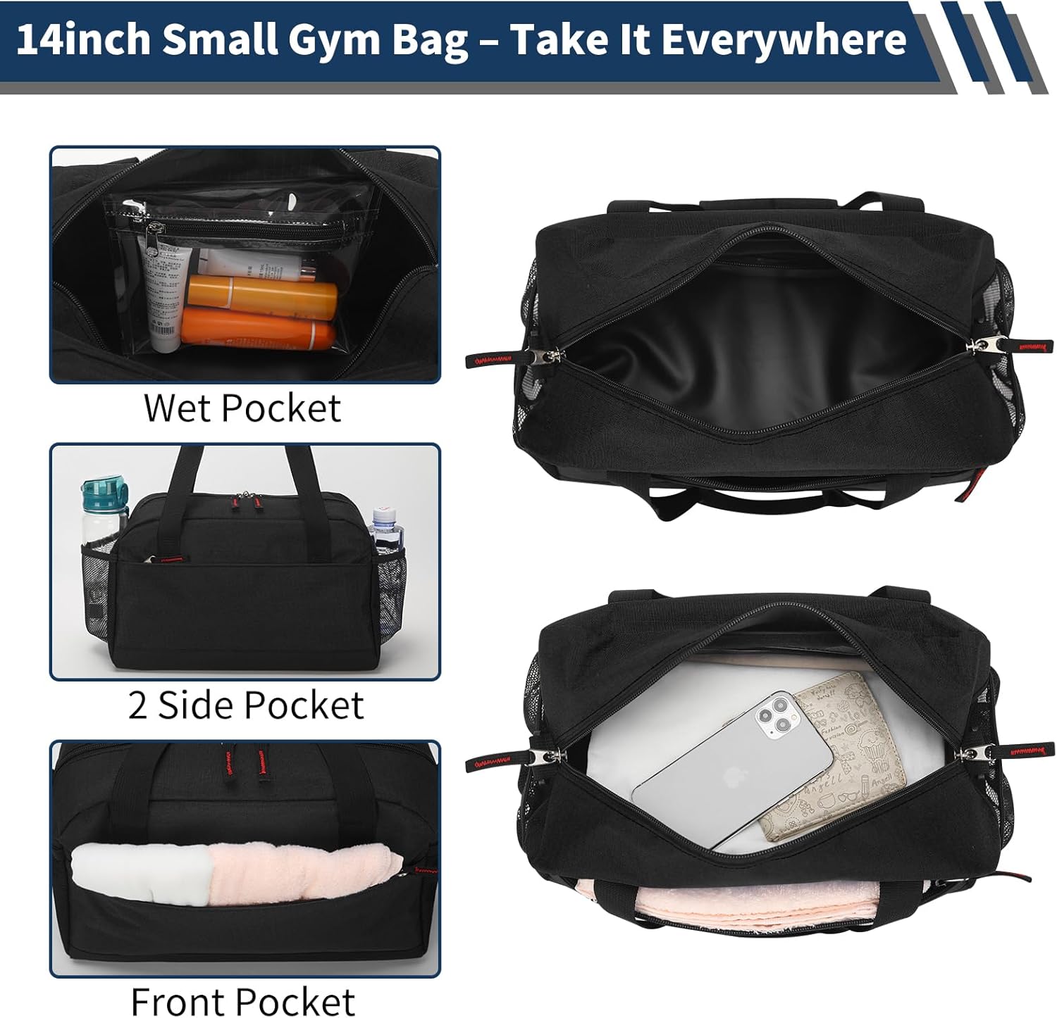 Small Gym Bag with Wet Pocket - 14 inch Mini Duffle Bag for Men & Women Lightweight Carry On Bag for Travel Sport - Black - Image 4