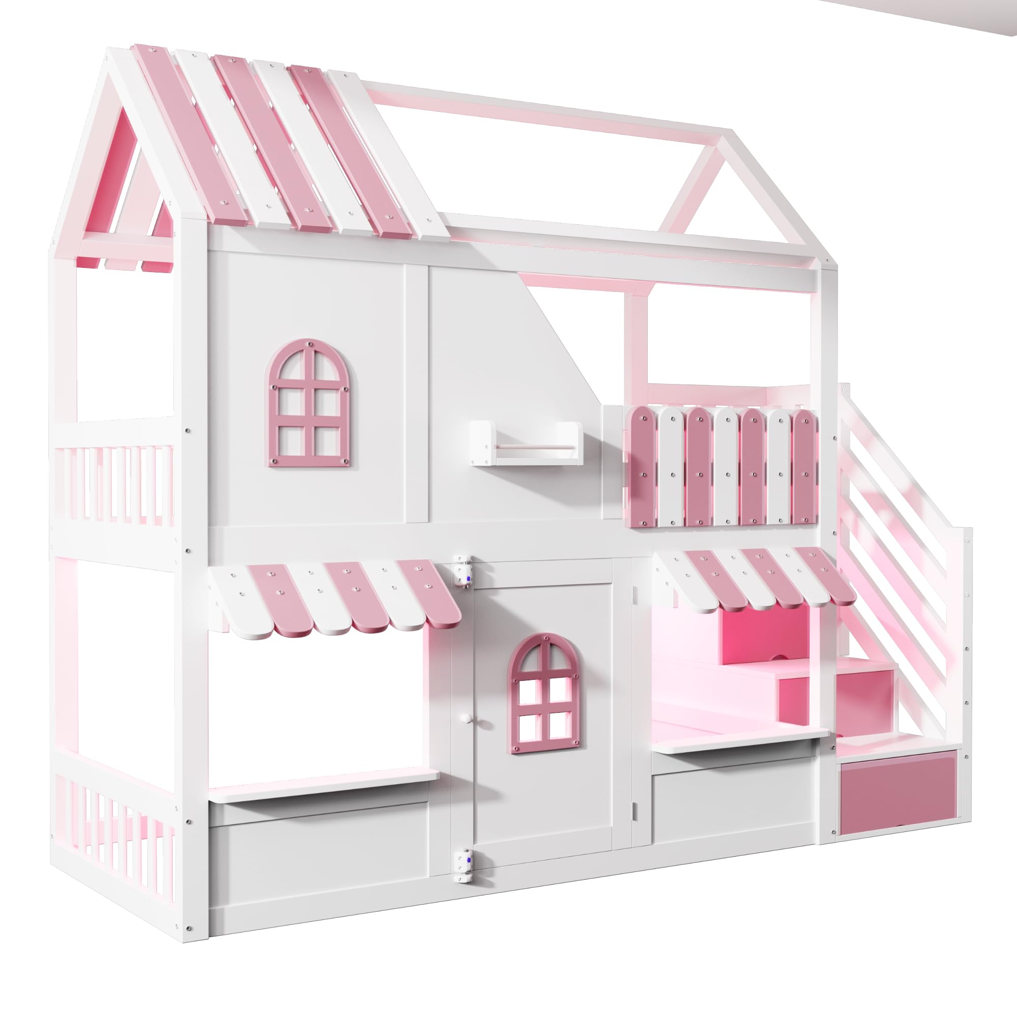 Kinder Etagenbett 90x200 cm, Hausförmiges Design mit Dach, Fenstern und Tür, Stauraumtreppe, LE/D Rendering und Regalen, Sichere Geländer und Holzgestell, ohne Matratze (Weiß + Rosa)