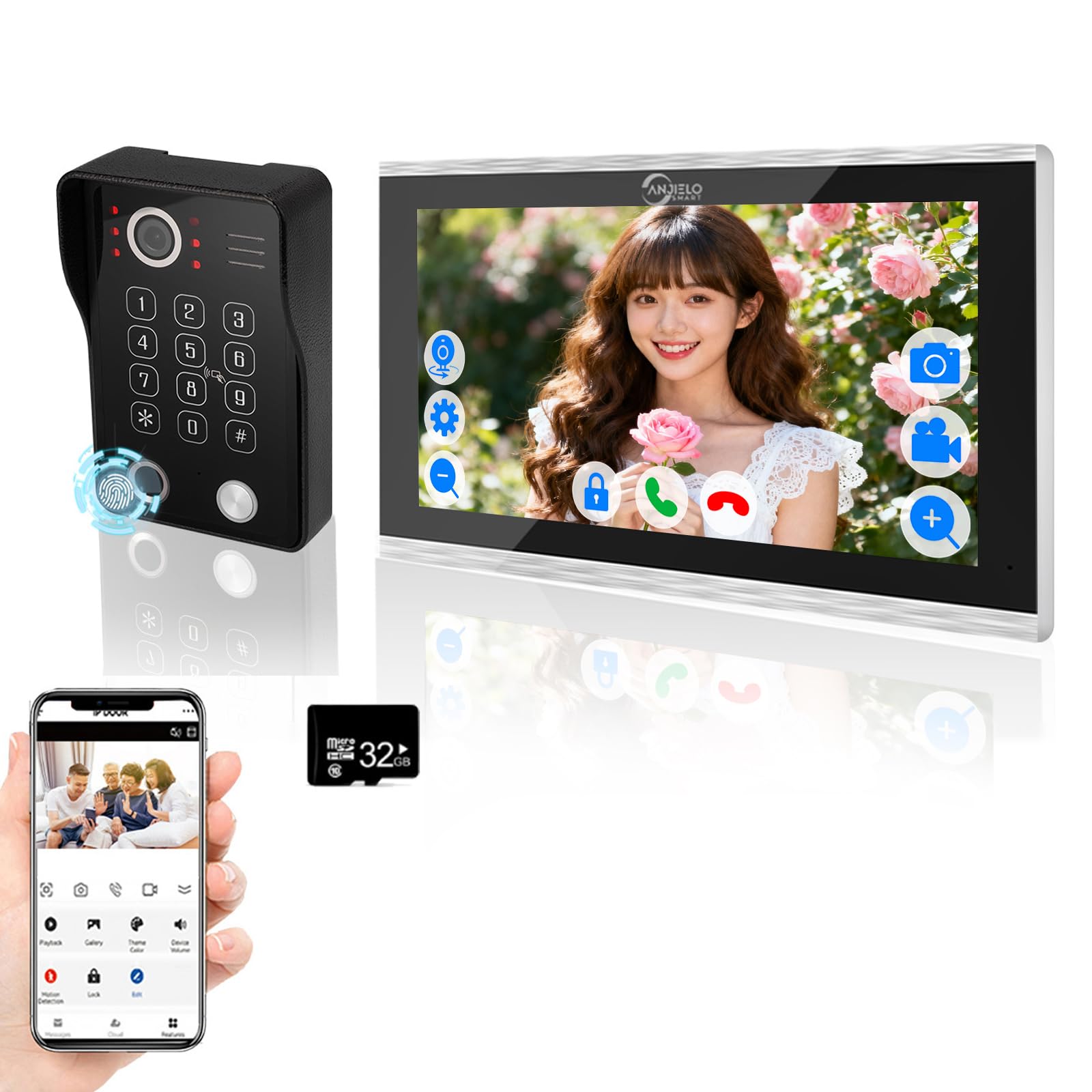 Wideodomofon z dzwonkiem do drzwi 1080P i monitorem 25.6 cm, obsługuje odcisk palca, RFID, hasło, WiFi do mieszkania, domu, willi