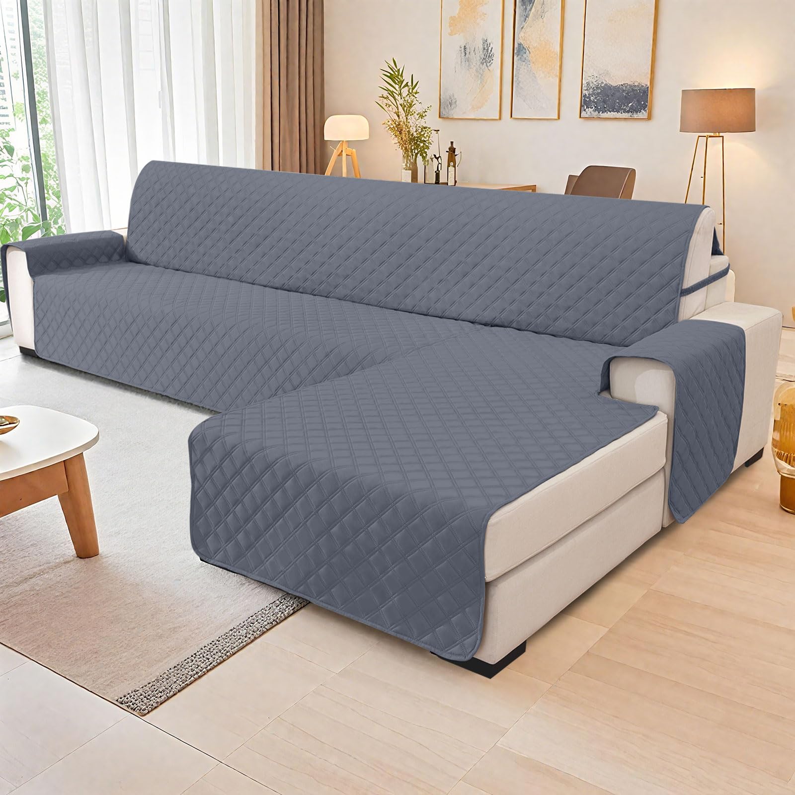 YSTELLAA 100% Impermeabile Copridivano 3 Posti Con Penisola(L 255 CM), Copridivano Angolare Destra/Sinistra Universale Reversibile, Fodere Divano Forma L Antigraffio, Grigio Scuro