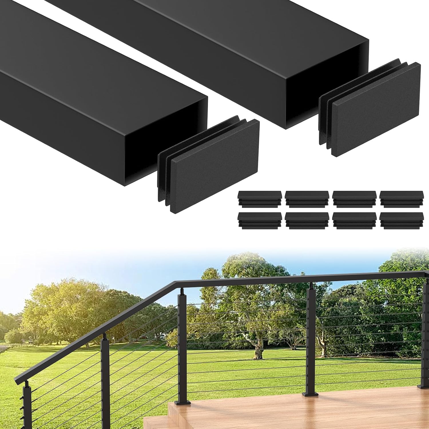 BLIKA 2Pack 4FT Stainless Steel Black Cable Railing Handrails, Cuttable Rectangular Handrail Flat Top Rail with Nylon End Caps for Cable Railing System, Deck Stair Cable Railing Post, BL01-T