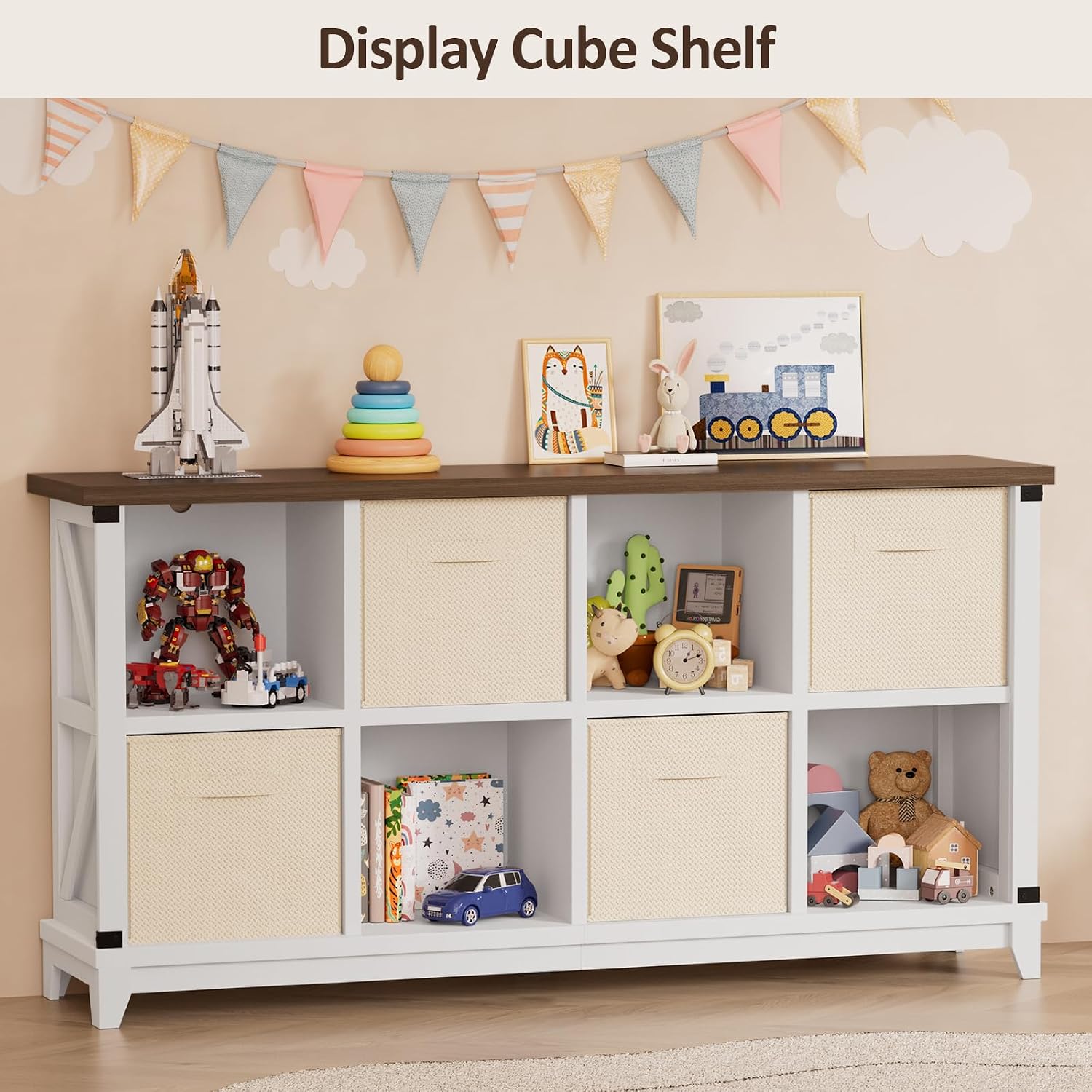 8 Cube Storage Organizer with 4 Beige Fabric Bins, 49" W Farmhouse Cubby Bookshelf, Low TV Stand Fit 24"-55" TV, Open Display Shelf for Closet Bedroom Living Room Nursery, White & Walnut