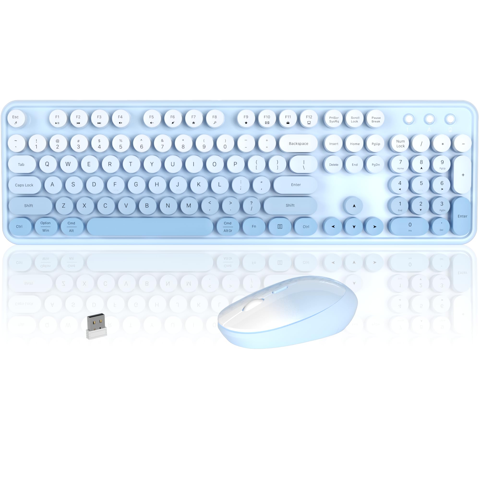 Colorful Wireless Keyboard and Mouse Combo, COVEVA 2.4GHz Wireless Retro Cute Round Keycaps Keyboard, 104 Keys Full-Sized Keyboard Mouse Set with Switch Button for PC Laptop Desktop (Blue Gradient)