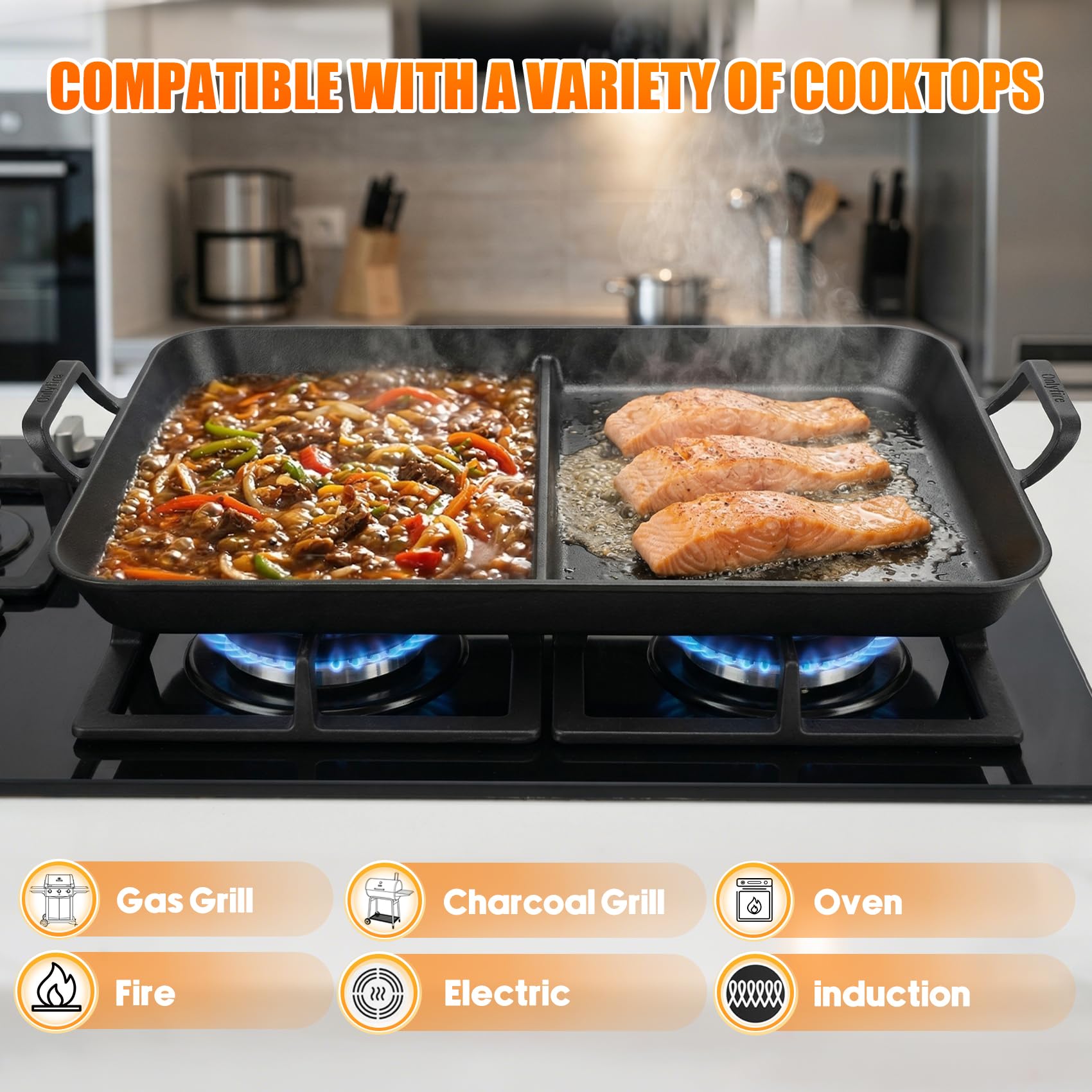 Onlyfire Plancha de Hierro Fundido para Inducción y Gas | 52x34cm Plancha con Revestimiento Antiadherente | Parrilla para Reuniones Familiares | Doble Zona, Ideal para Cocinar Carne y Verdura