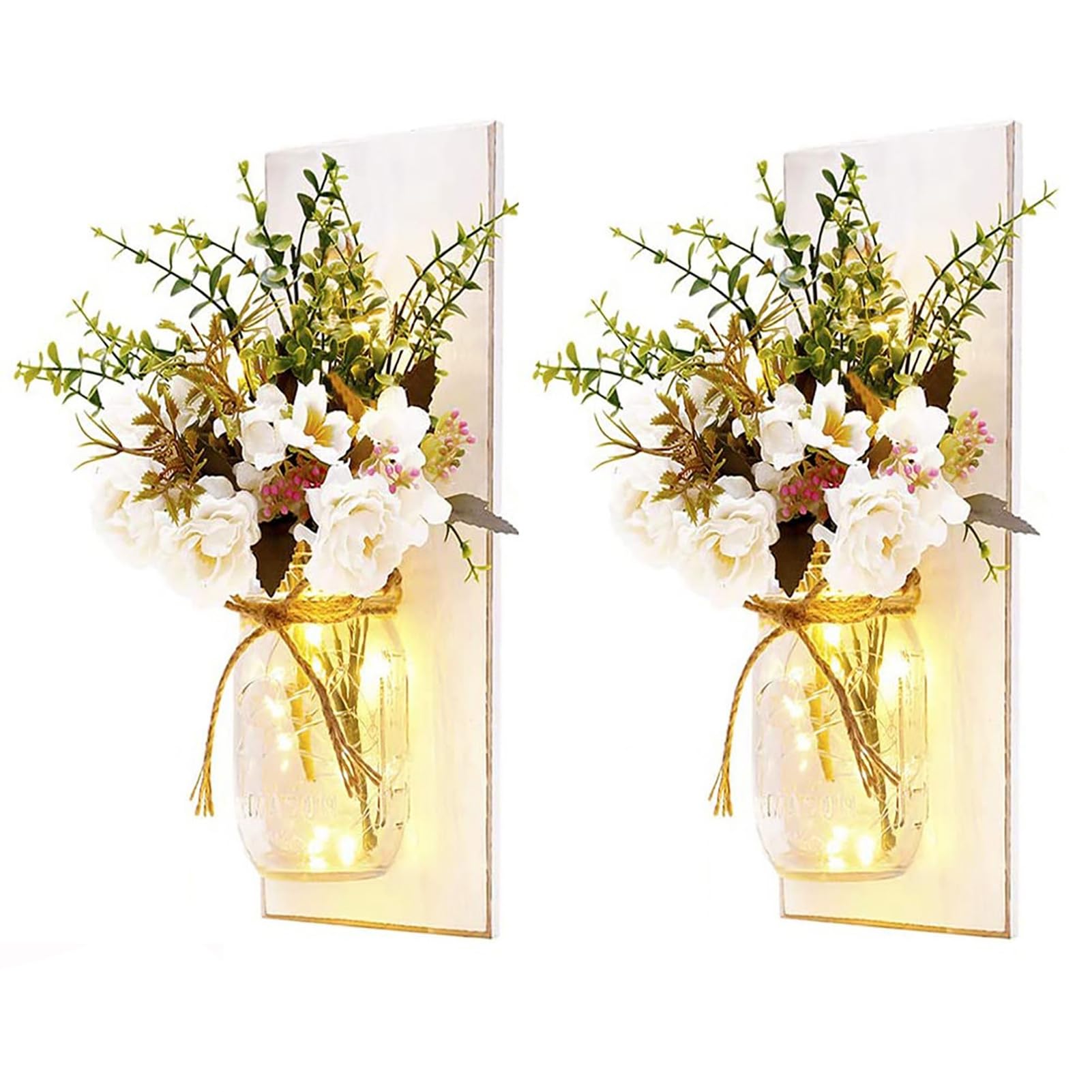 Mnaocz 2Pcs Mason Jar Wall Sconce with Flower, Rustic Wooden Wall Sconces with Remote Control LED Fairy Lights