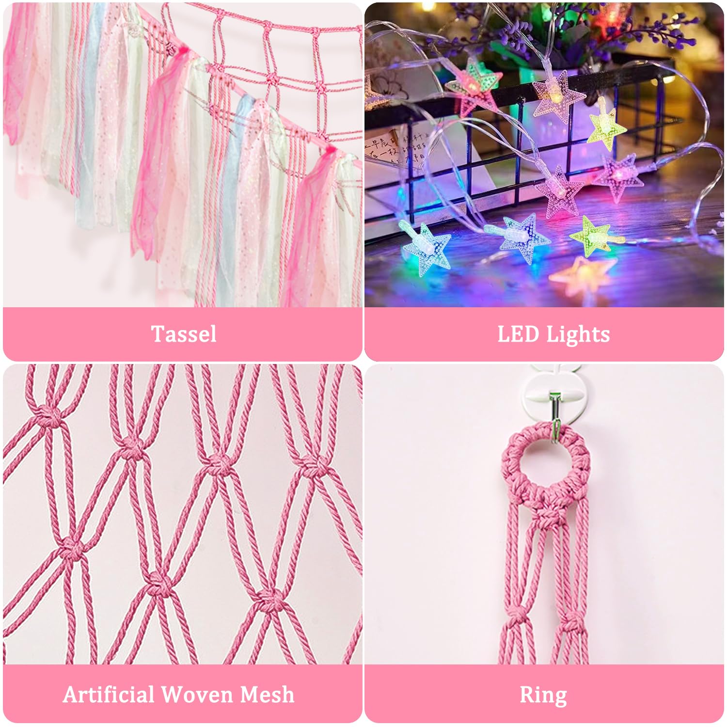 Lilly's Love Hamac de rangement en macramé pour animaux en peluche avec lumières | Filet en corde de style bohème | Organisez le chaos en peluche (rose clair