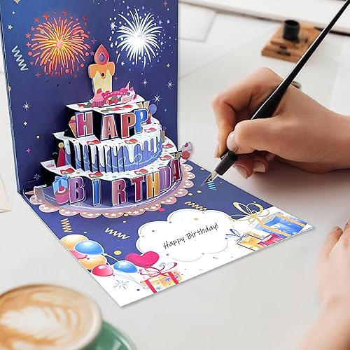 Miniatura 5 de YiKaLus Tarjetas de cumpleaños desplegables de fuegos artificiales, luces musicales y LED, tarjetas de cumpleaños con pastel de cumpleaños soplable,