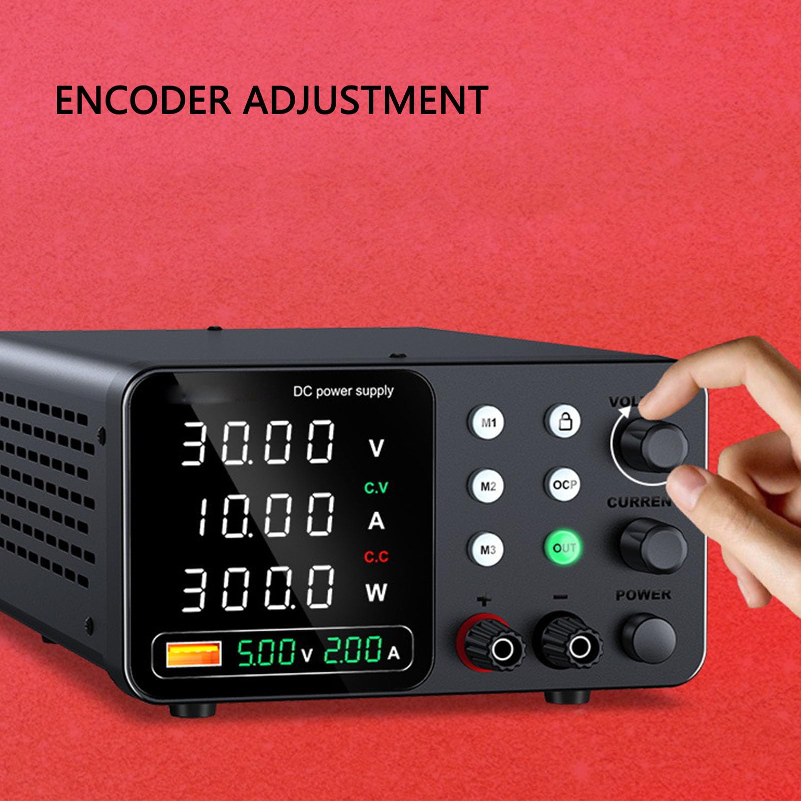 FTVOGUE Ajustable DC Fuente de Alimentación 0-30V 0-5A Banco Variable Fuentes de Alimentación con Encoder Sin Escalonamientos 18W USB Un Puerto de Carga (Enchufe UE 230V)