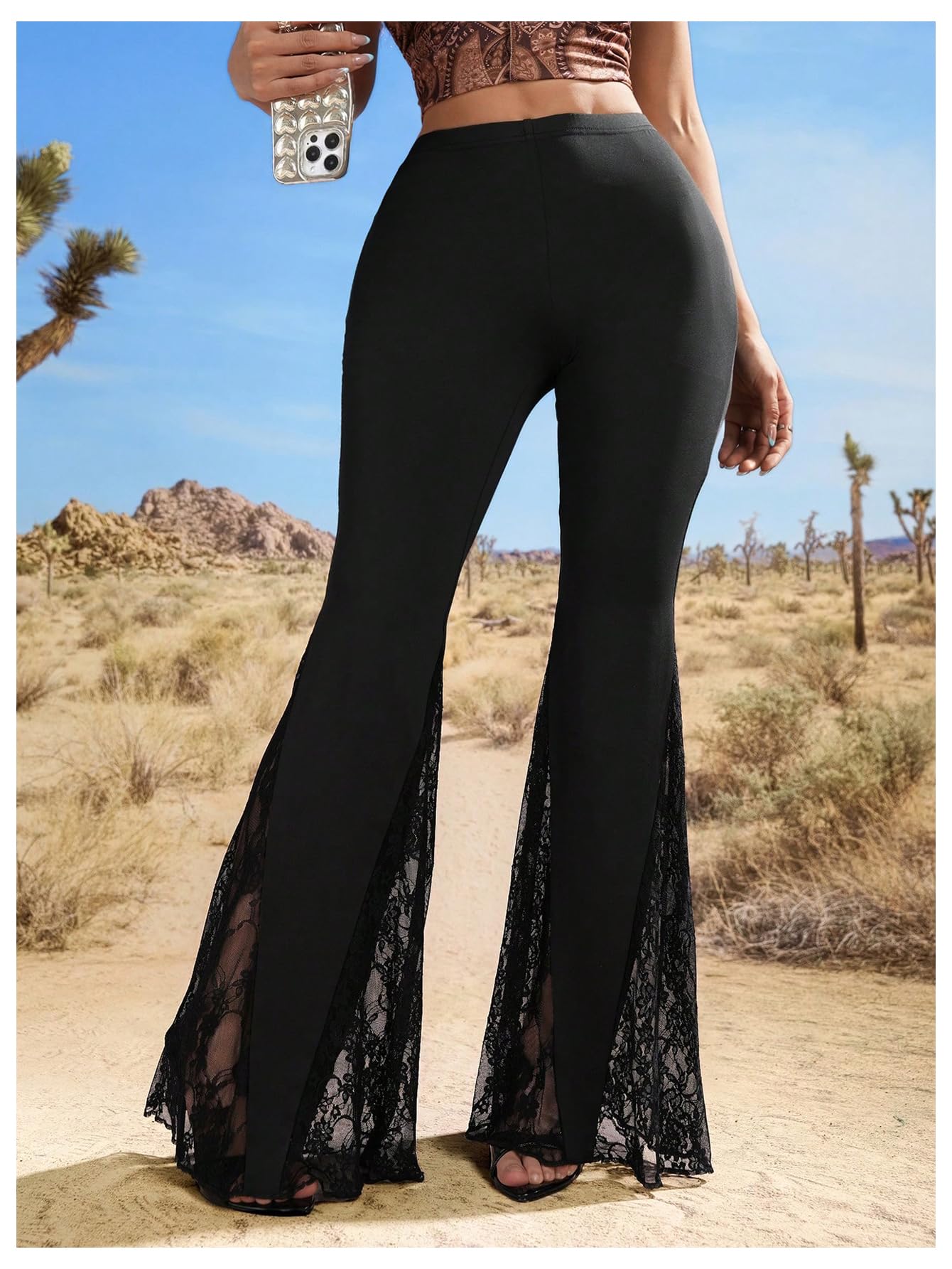 Floerns Women's Floral Lace Pants Going Out Flare Elegant Dress Casual Trousers