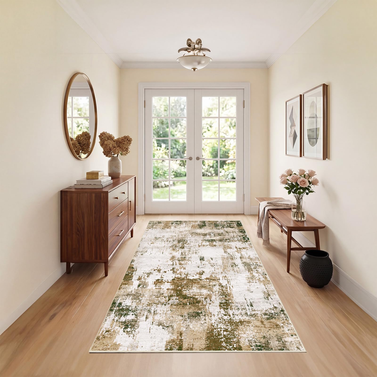 Autsel Living Room Rugs 80x150cm, Small Washable Rug, Non Slip Low Pile Area Rugs, Abstract Rug, Multi-use Durable Floor Carpet for Bedroom, Kitchen, Runner Rugs for Hallway, Brown