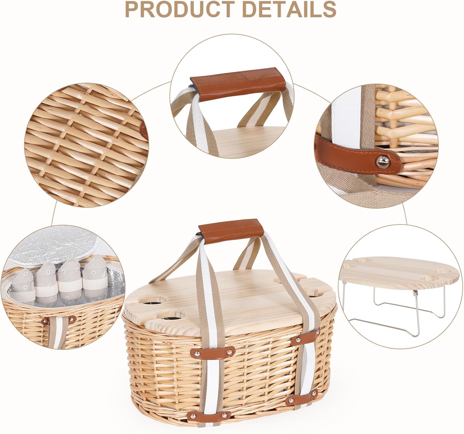 Picnic Basket Set for 4 - Wicker Insulated Picnic Basket with Folding Wine Table, Wine Picnic Kit with Liner for Couples, Camping, Outdoor, Valentine (WhiteFlower) - Image 6