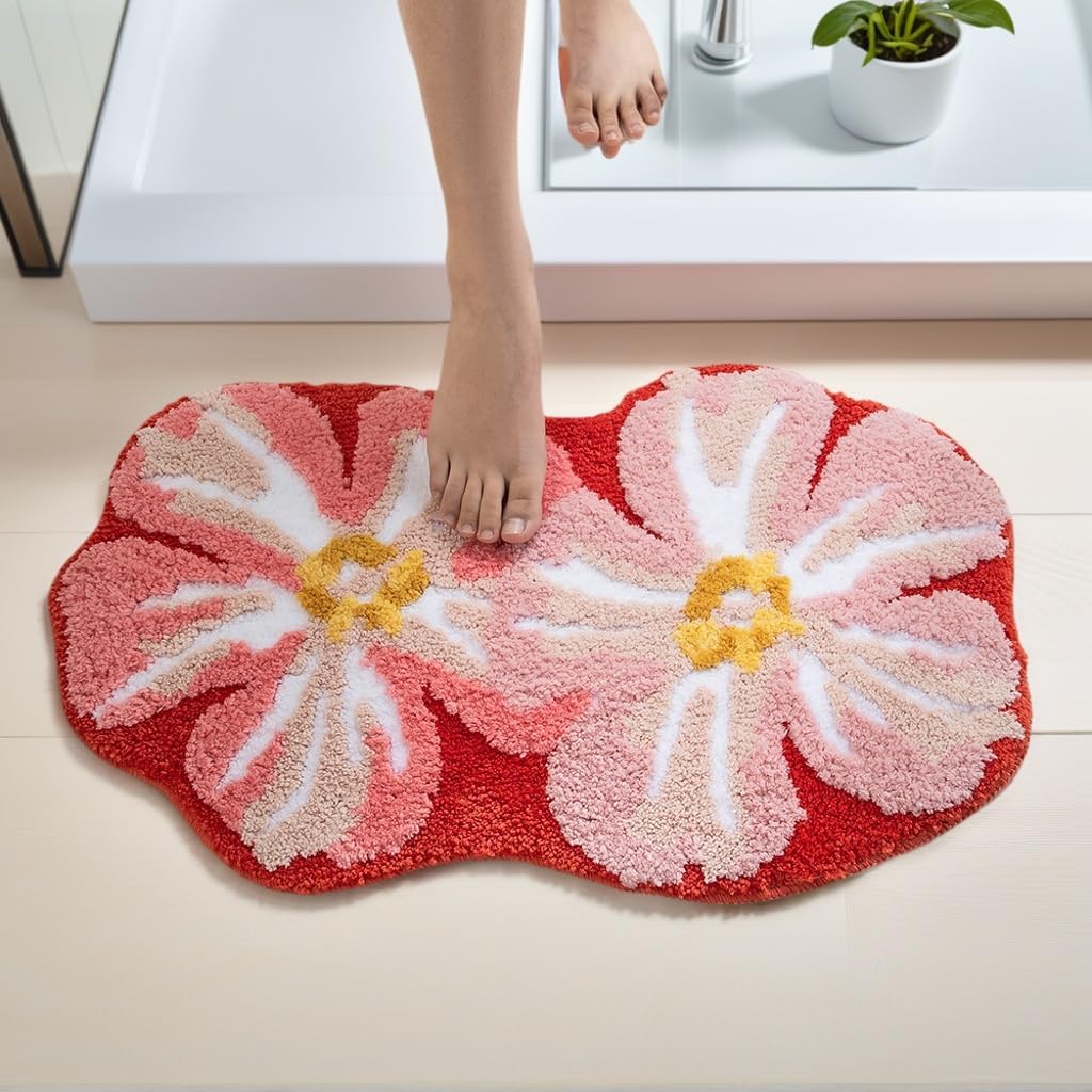 Bath Mat, Bathroom Rug, Fluffy, Soft, Non-Slip, Durable, Absorbent, Machine Washable, Irregular Shaped for Kid's Bedroom, Living Room and Bedroom, 19.7"x31.5", Peach Blossom (Pink)