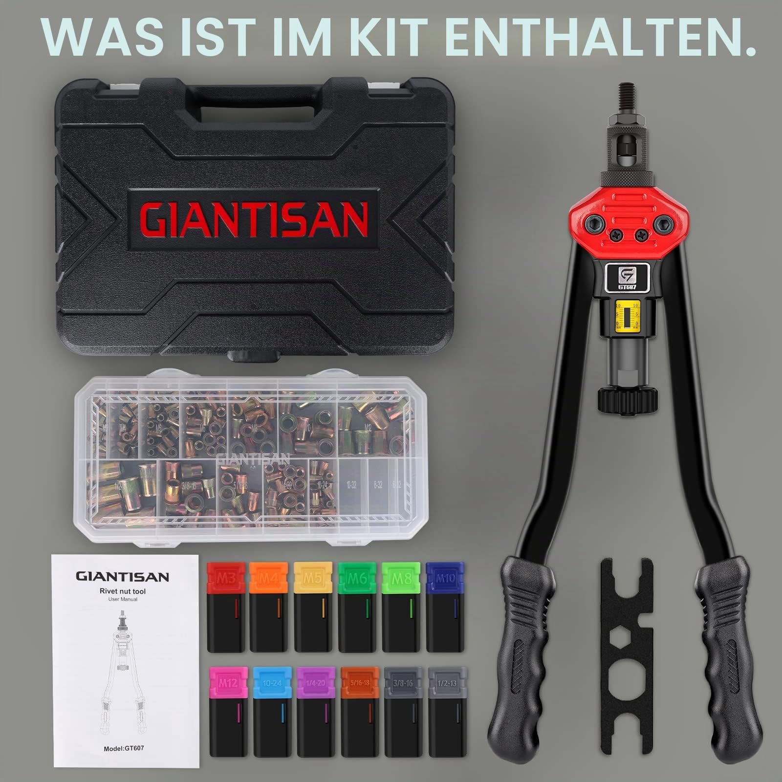 Nietmuttern-Werkzeug, GIANTISAN 40,6 cm Nietmutter-Werkzeug-Set mit 12 metrischen und SAE-Dornen, 176-teiliges Nietmutter-Sortimentskit und robuster Tragetasche