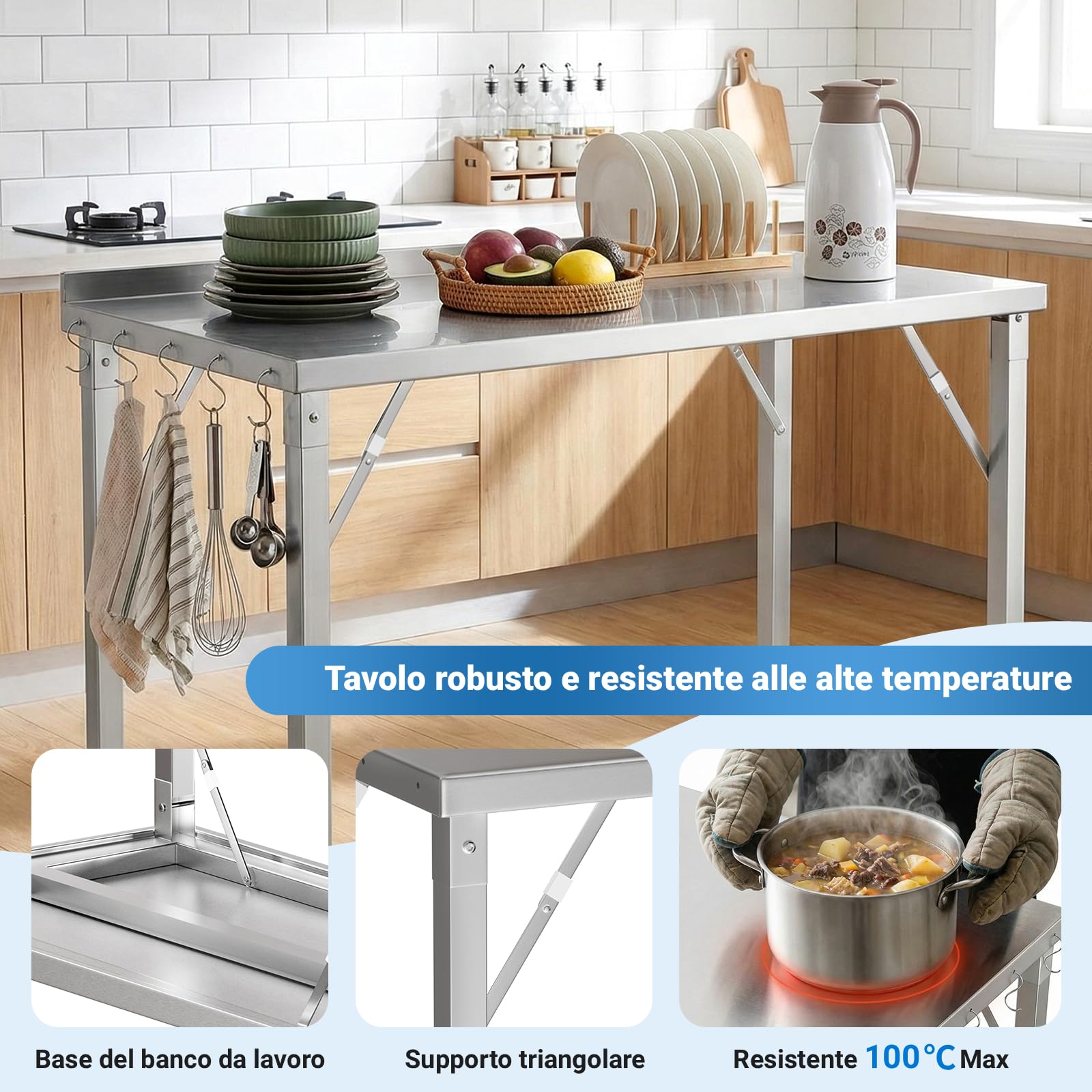 TLSUNNY Tavolo da Lavoro Cucina Pieghevole in Acciaio Inox 120x60cm, Banco da Lavoro Cucina Commerciale Professionale con 5 Ganci, Gambe Regolabili,Capacità 250kg,Tavolo di Preparazione per Ristorante
