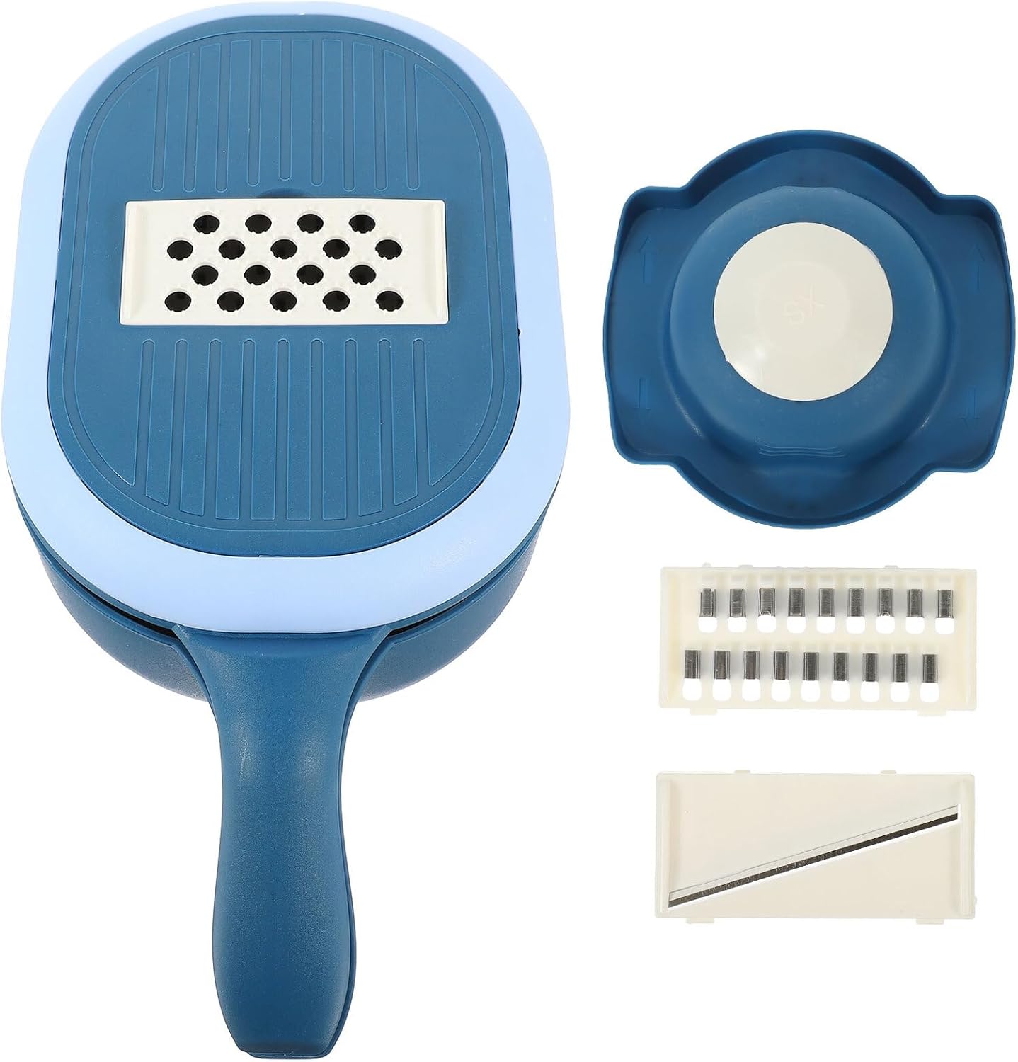 Wakauto Multifunctional Vegetable Slicer and Cutter with Drain Basket, Manual Salad Cutter with 3 Blades, Blue Kitchen Chopper for Fruits and Vegetables, Adjustable Yarn Shredder for Meal