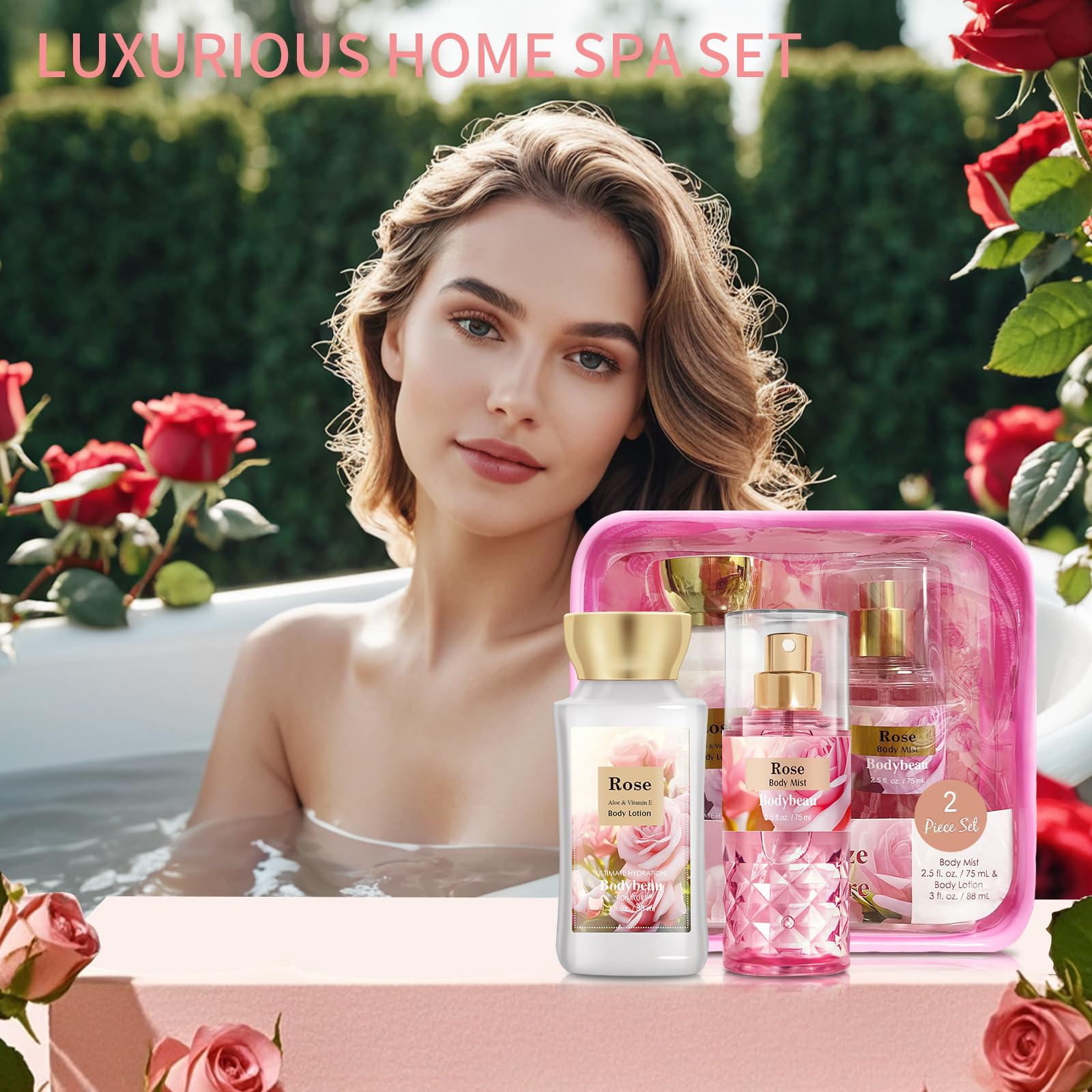 Set regalo da bagno e corpo per donne e ragazze, rosa, 2 pezzi, lozione per il corpo e spray per il corpo, set da viaggio portatile per la cura personale, ideale come regalo di compleanno o
