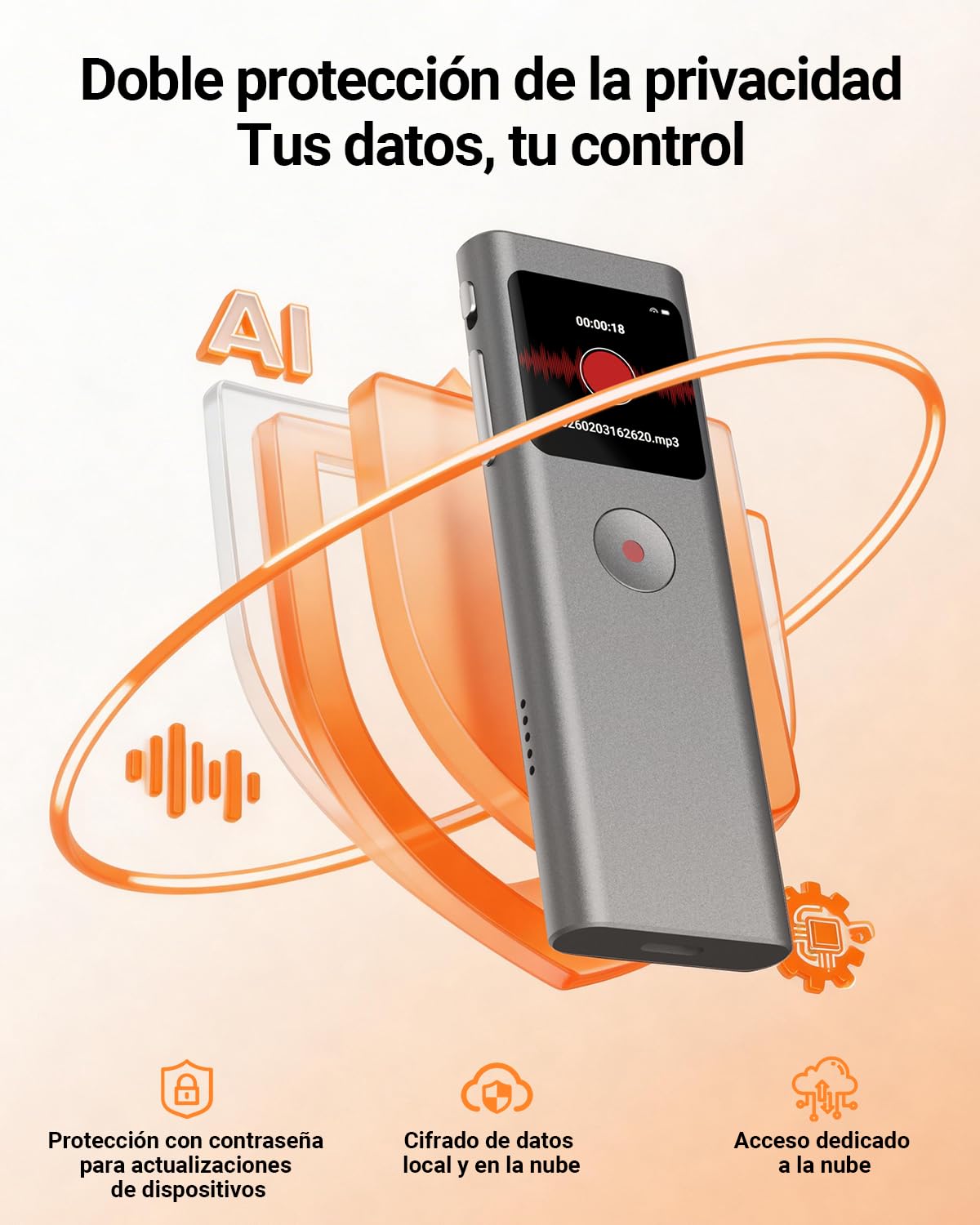 Grabadora de Voz IA con Transcribe y Resume con tecnología, 64 GB Voice Recorder Digital con Activada por Voz, Control de App, Reducción de Ruido Automática para Entrevista/Clase/Reunión