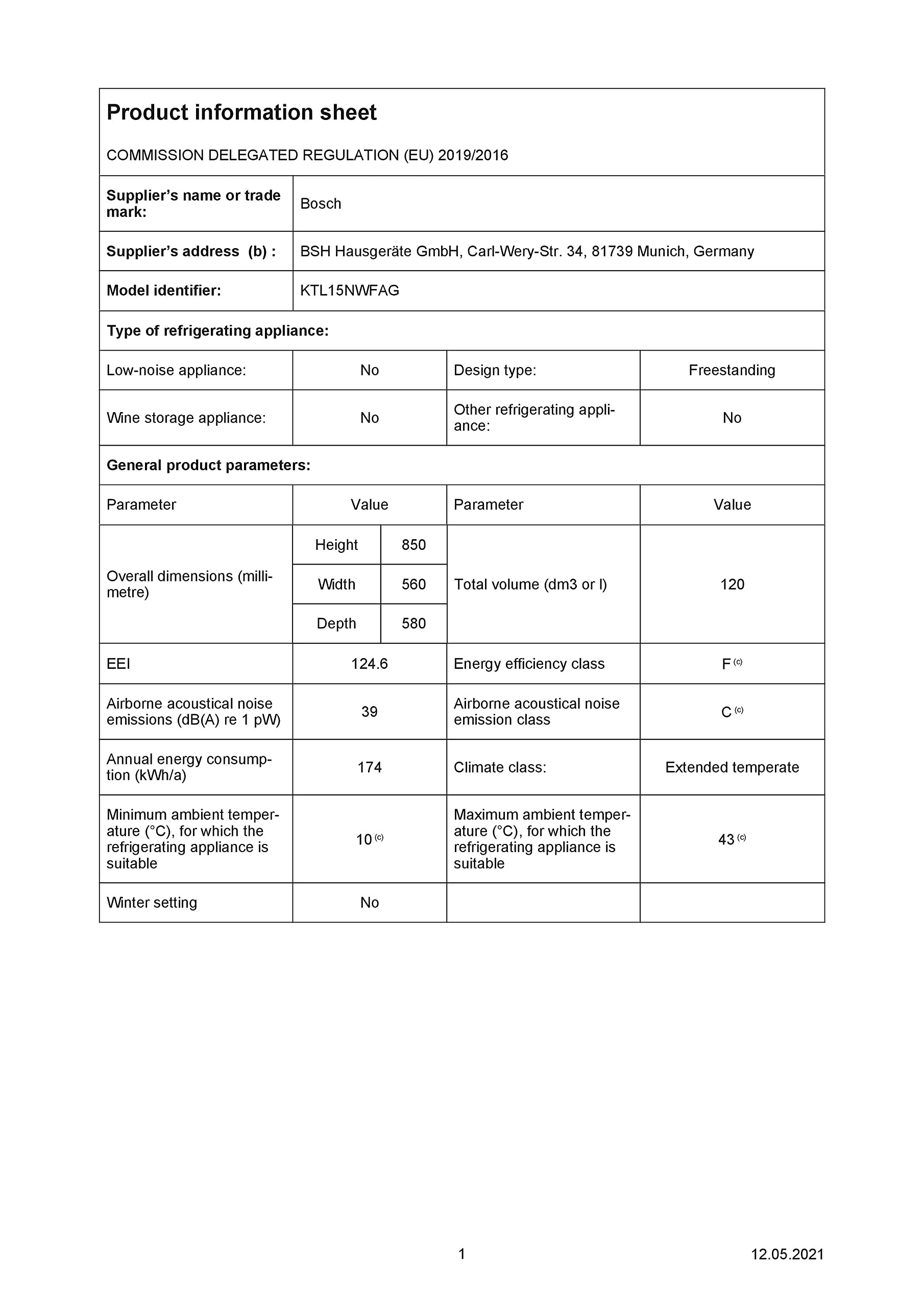 Bosch KTL15NWFAG Serie 2 Freestanding Under Counter Fridge with freezer