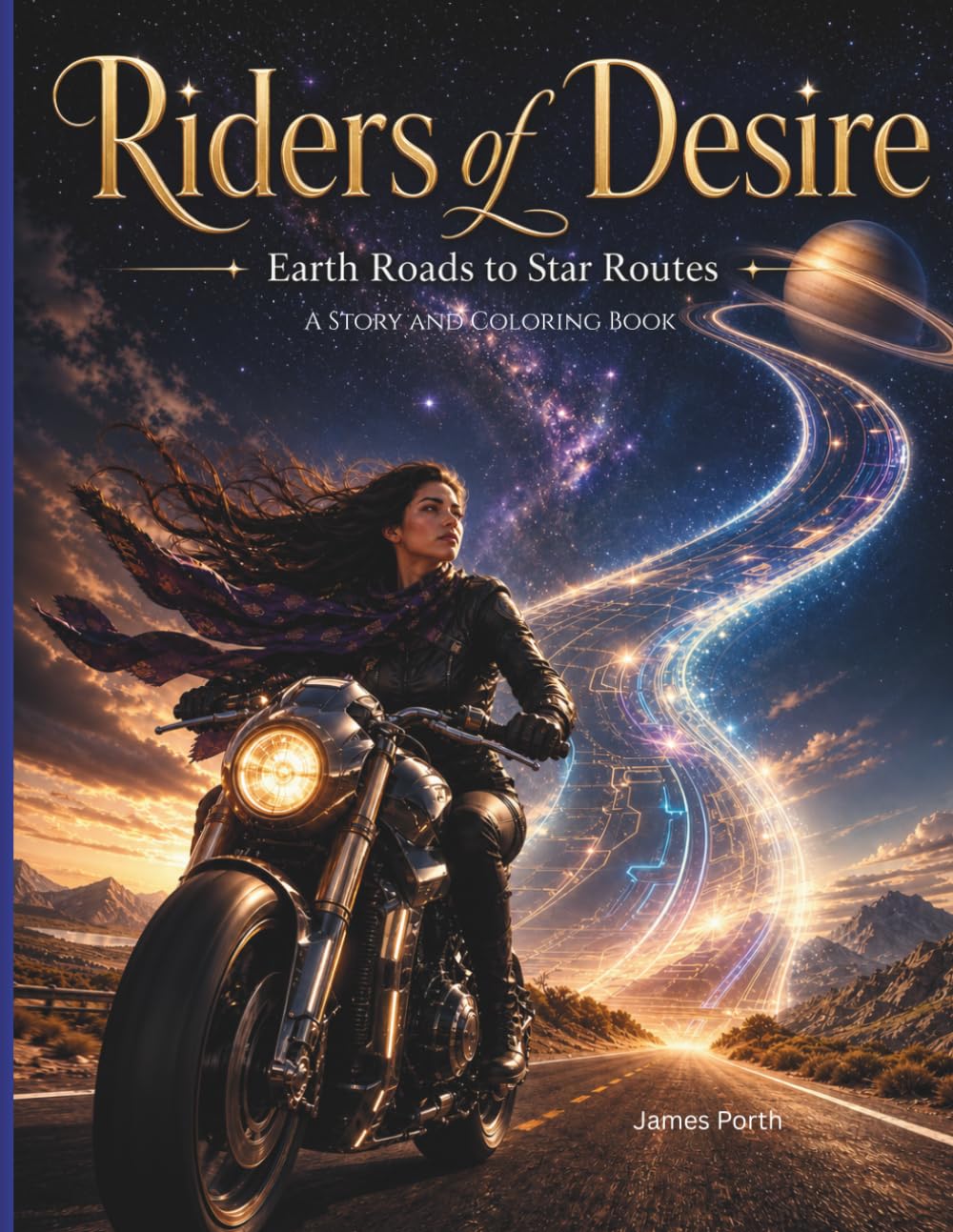 Riders of Desire: Earth Roads to Star Routes / Story-Driven Adult Coloring Book Featuring 25 Legendary Women, Unforgettable Motorcycles, and Atmospheric Roads from Earth Highways to Star Routes