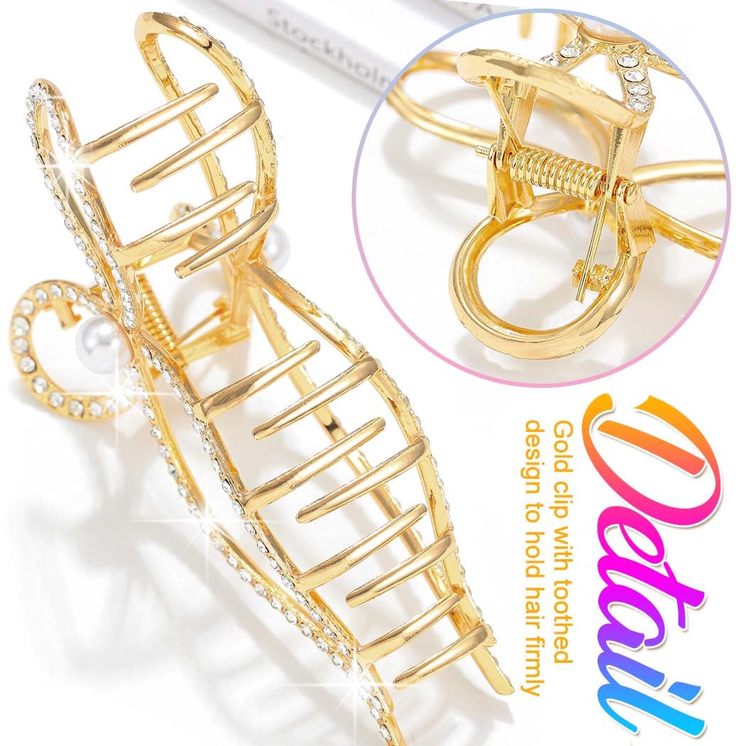 CAKURE Pinzas para el cabello con diamantes de imitación dorados, pinzas grandes antideslizantes para el cabello, accesorios brillantes para el cabello para mujer (paquete de 2) (a-dorado y plateado)