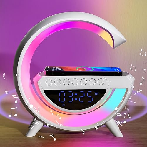 Luces nocturnas 6 en 1 con cargador inalámbrico, altavoz Bluetooth y relojes despertadores, máquina de sonido de ruido blanco, 15 W Qi carga