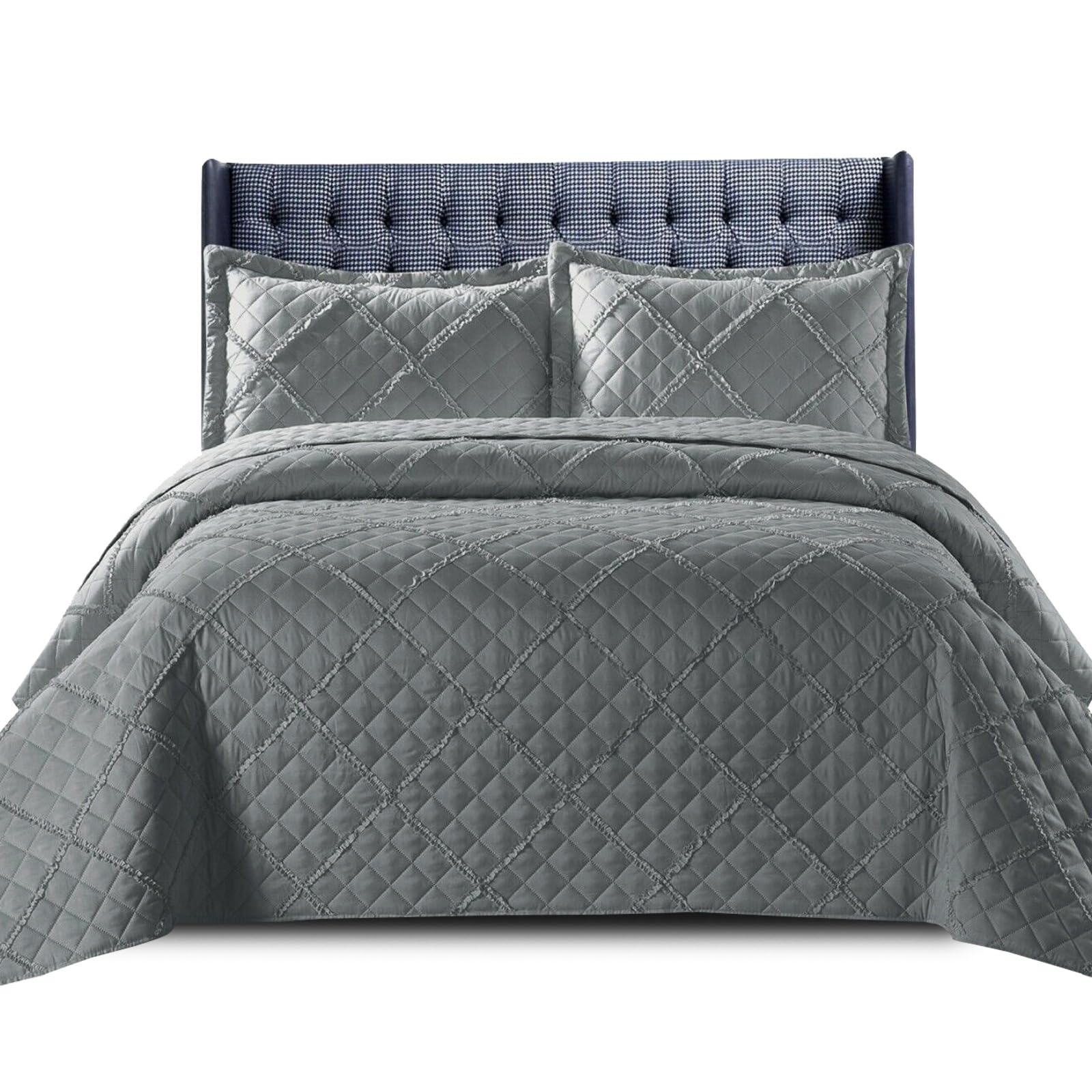 Modern & Stylish Embossed Ruffle Quilted Bedspread Bed Throw Single Double King size bedding set (Grey-Ruffle, King)
