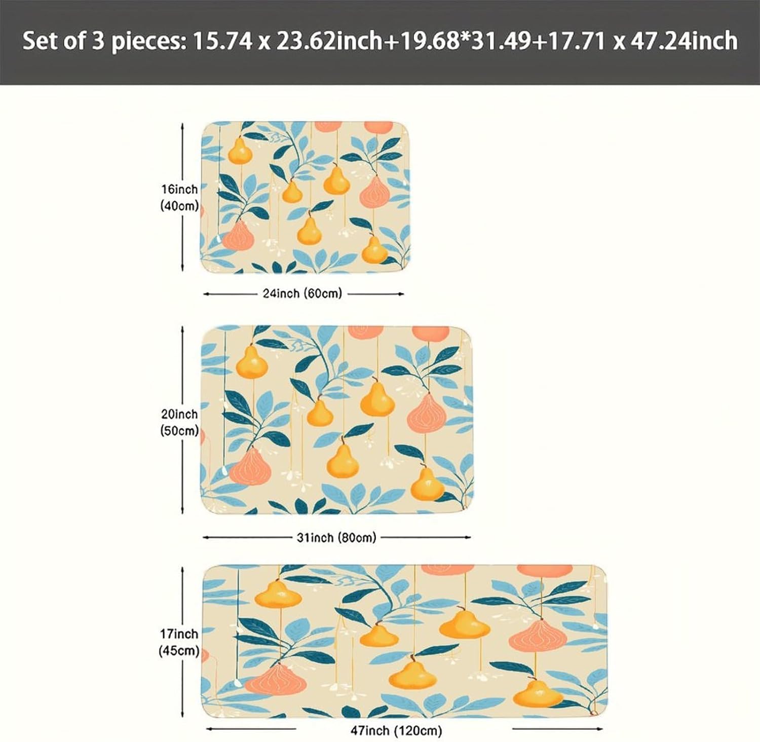 Pears and Leaves Kitchen Rugs Set of 3 Non Slip Washable Kitchen Mats for Floor Soft Area Rug Kitchen Floor Mat Cushioned Anti Fatigue Mats Standing Sink Mat Decor Runner Rugs