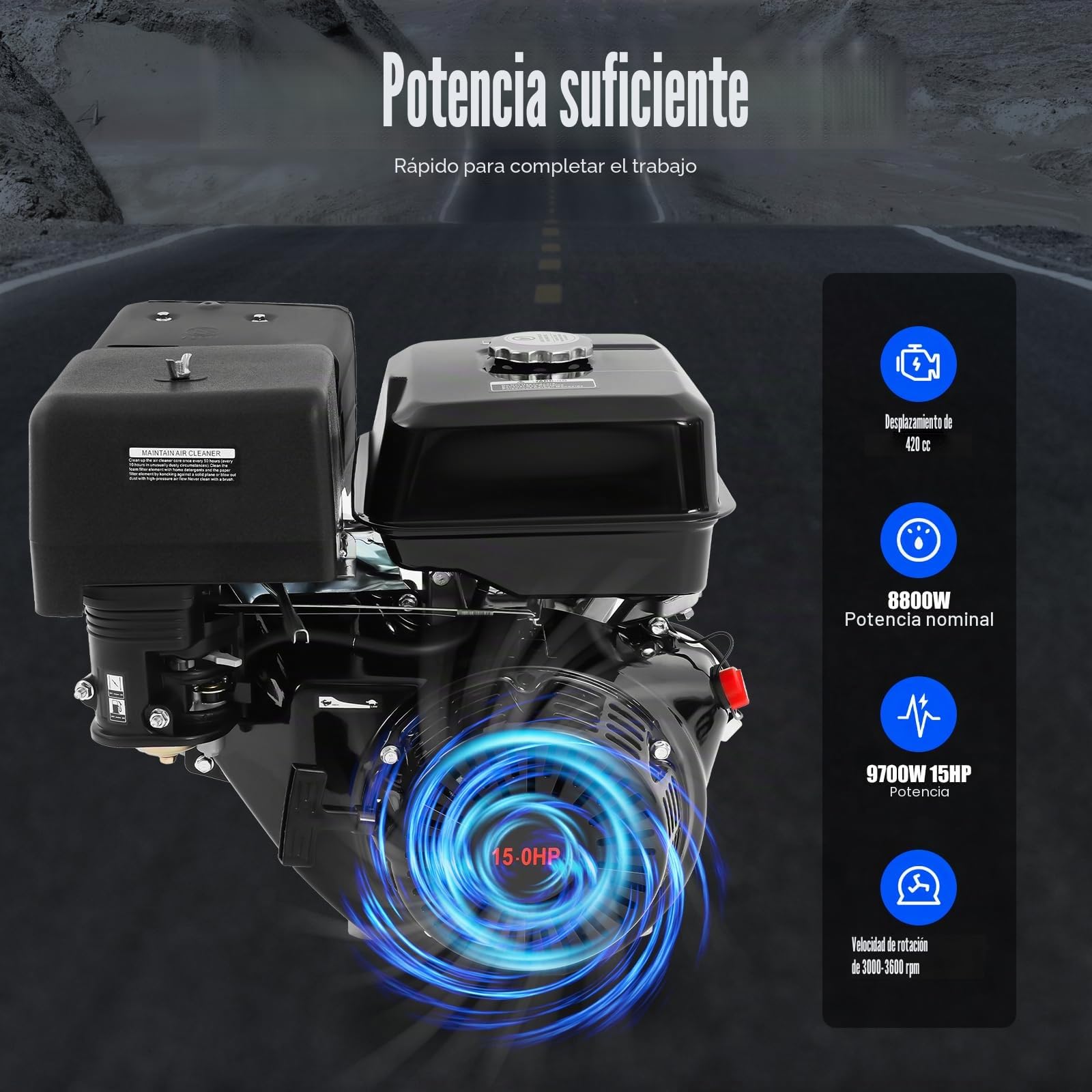 Motor de gasolina de 4 tiempos 15 CV 420 CC - Motor sobre pie - Motor industrial - Enfriamiento por aire OHV - Eje de 25 mm - 3600 rpm - Con función de alarma de aceite - Para karts, limpiadoras de
