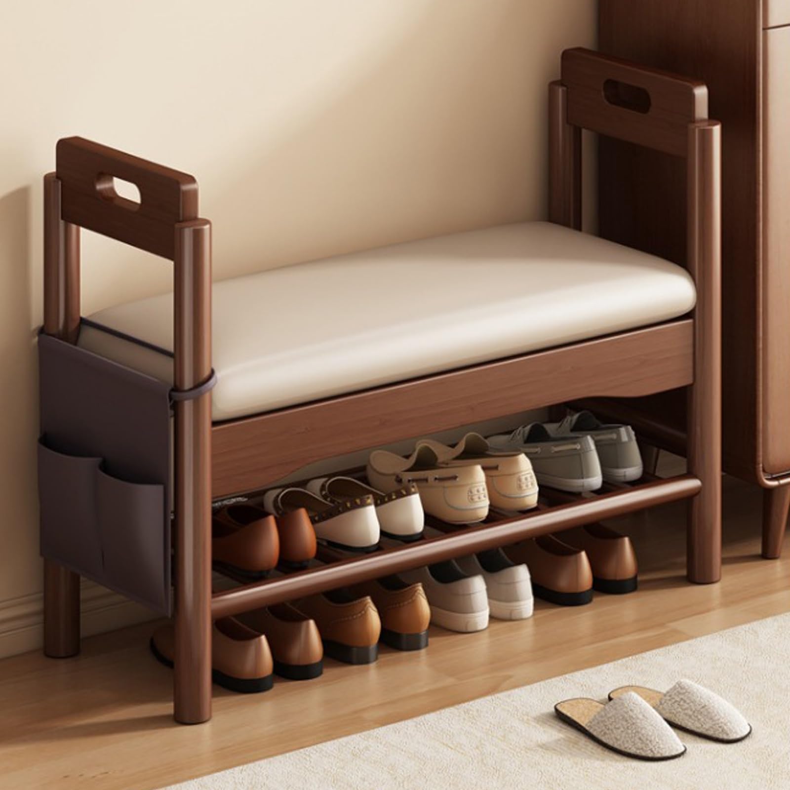 GDMDPTE Walnut Shoe Rack Bench with Armrests & Upholstered Storage Bag Stylish Entryway nizer for Hallway Living Room Bedroom 80cm 31.5in
