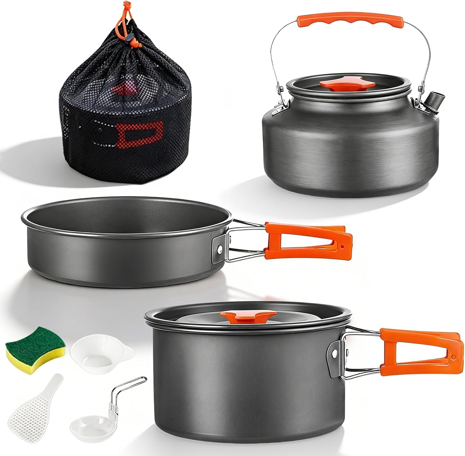 Set di pentole da campeggio per 2-3 persone, leggere e portatili, con bollitore, antiaderenti, con sacchetto a rete, per escursioni, picnic e viaggi