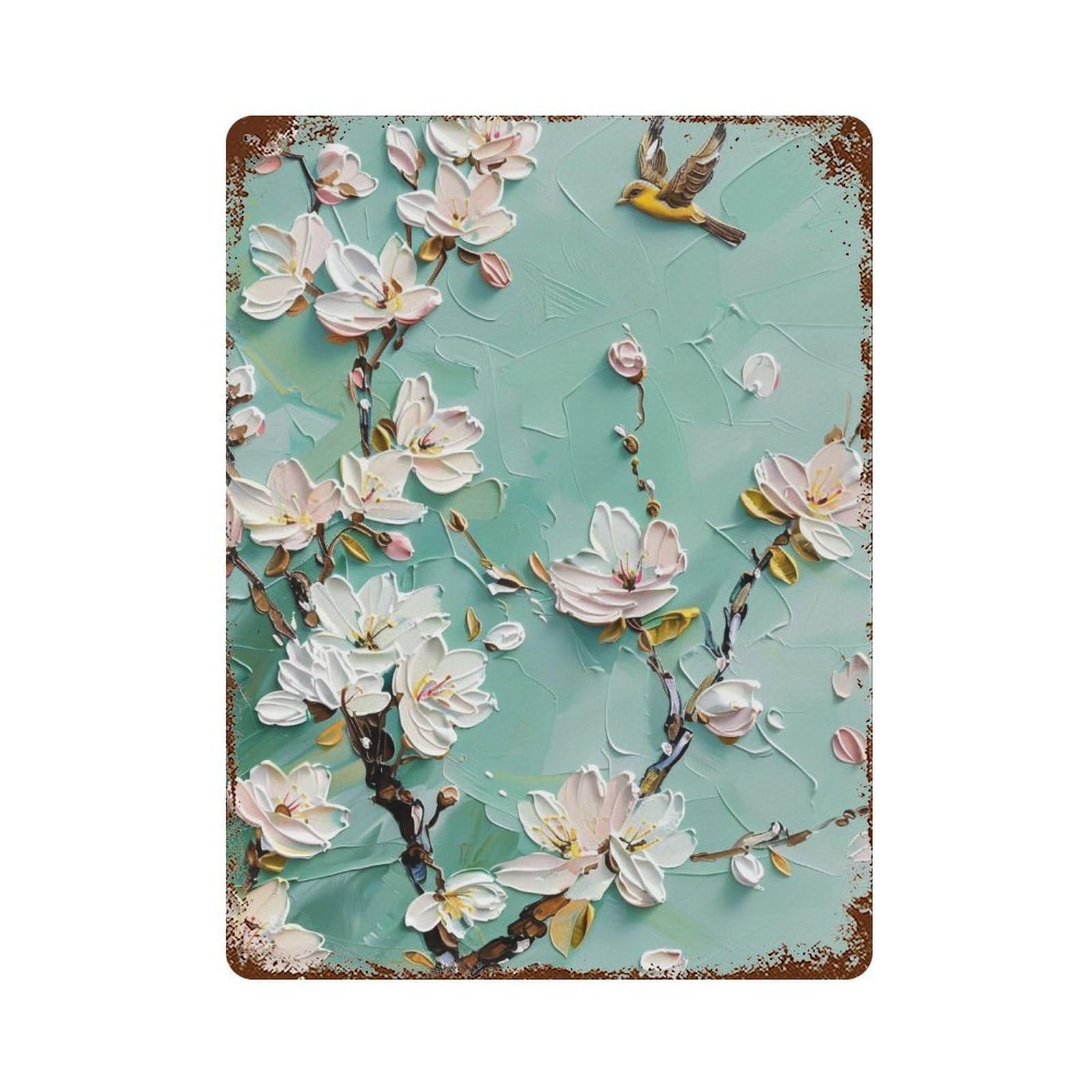 WUJHGRSG Impasto Teal Background White Blossom Twig & Flying Bird 04 Wall Art Retro Iron Vintage Metal Tin Sign Poster Modern Decor for Home Cofffee Club Bar Shop Style 40x30cm