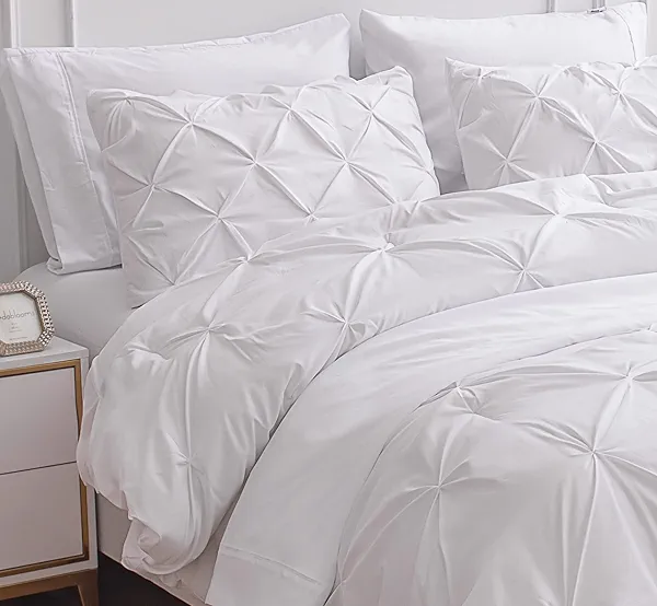LANE LINEN White Comforter Set with Sheets, 7 Piece Bed in a Bag Queen Size, Pintuck Queen Bed Set, Ultra Soft Bedding Queen Size with Down Alternative Comforter, Sheets, Pillowcases & Shams - White