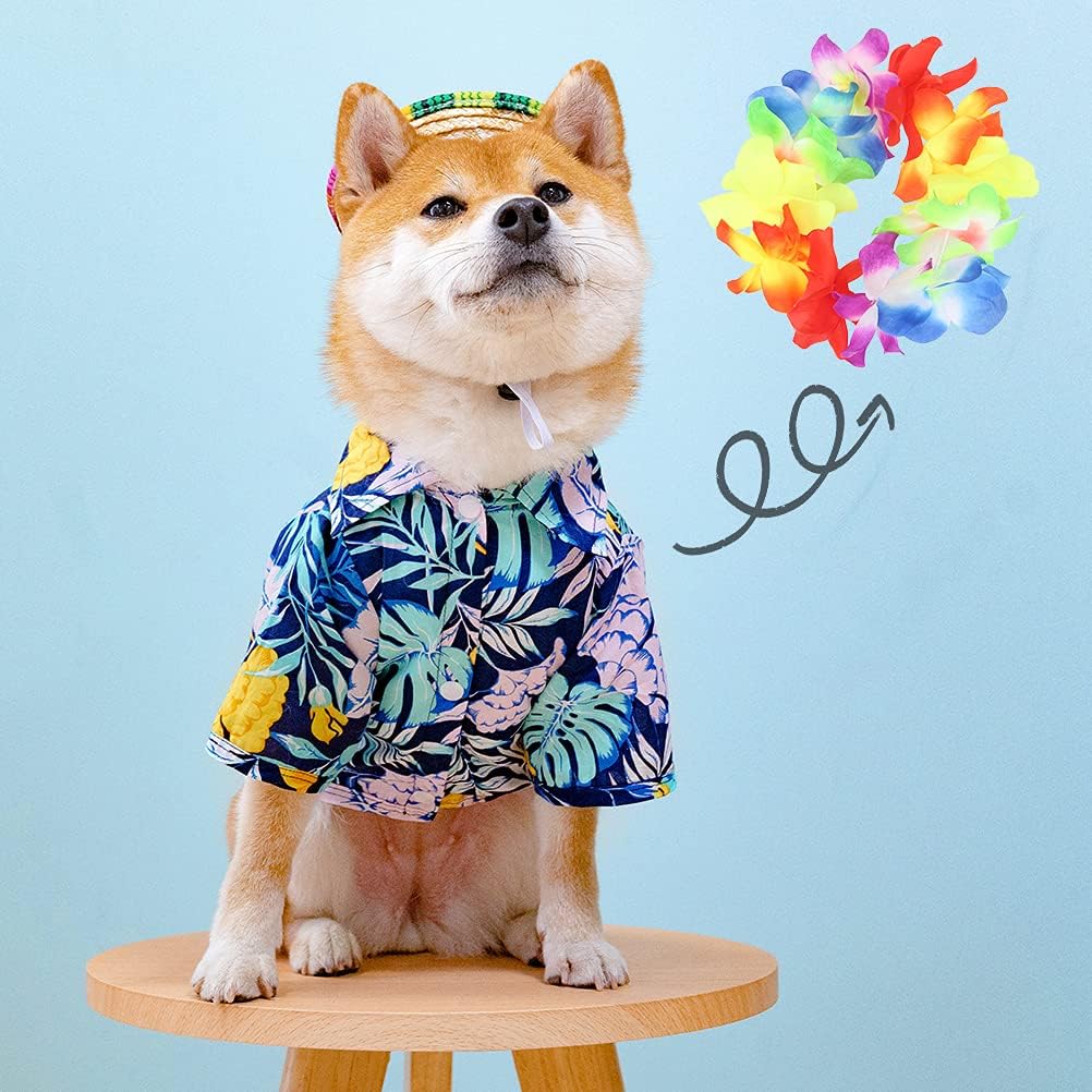 EXPAWLORER Hawaiian Dog T-Shirt Set - Summer Pet Clothes Apparel with Straw Hat and Garland for Small Medium Large Dogs : Pet Supplies