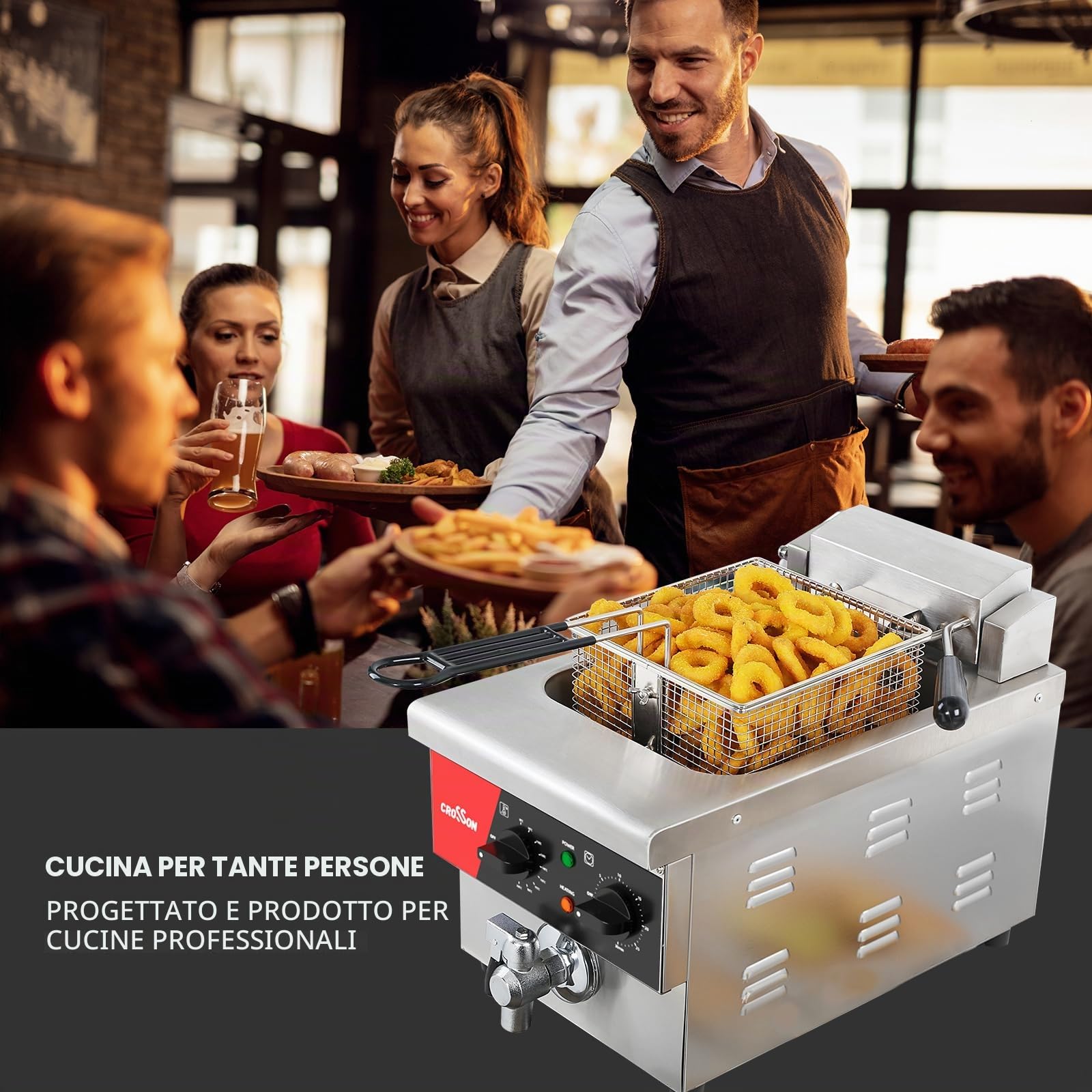 CROSSON Friggitrice Commerciale 6 Litri,Friggitrice Elettrica ad Olio da Inox 3000W con Coperchio,con Rubinetto di Scarico,Controllo Tempo e Temperatura 80-200°C,per Cucina Ristorante