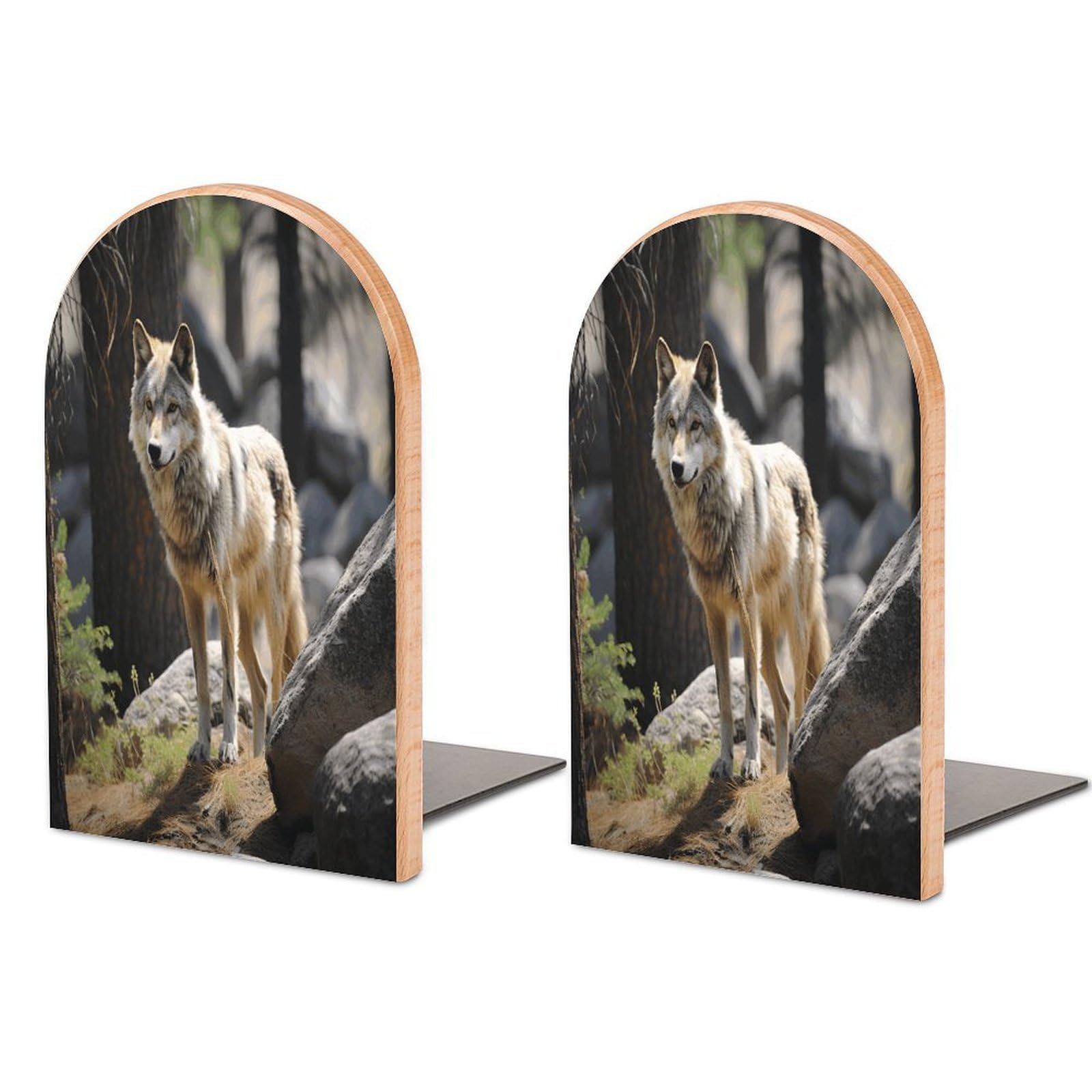 Wildlife Wolf Bookend Non-Skid Wooden Bookends for Shelves Heavy Duty Wood Book Ends Decorative Book Stopper Book Stand Non-Slip Book Organizer for Home Office Library
