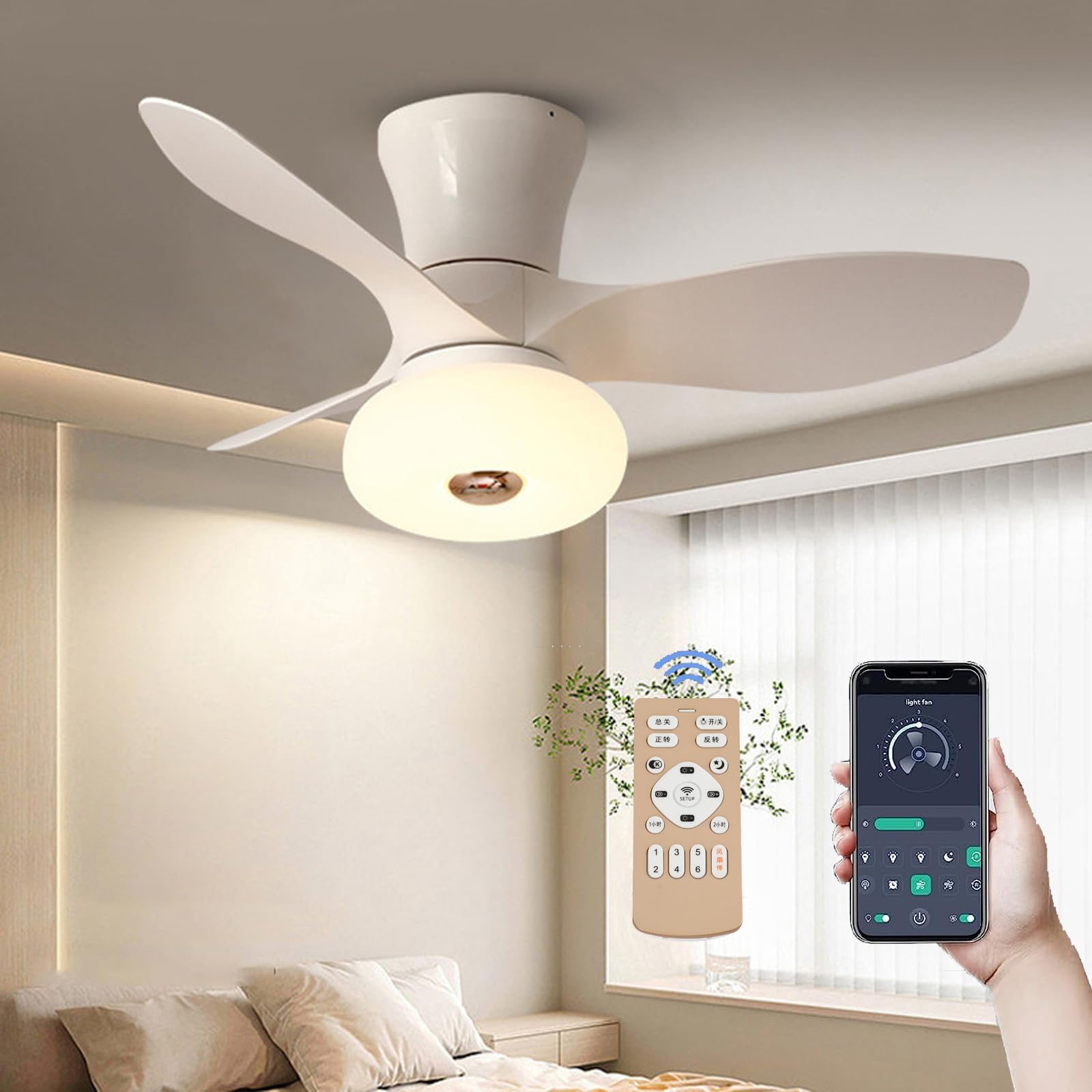 Fan Light,3 Color Remote Control Wireless Inverter Ceiling Fan Light,Winter and Summer Dual-use,Six Adjustable Wind Speed With 3 Blades for Living Room,Bedroom,Kitchen-White