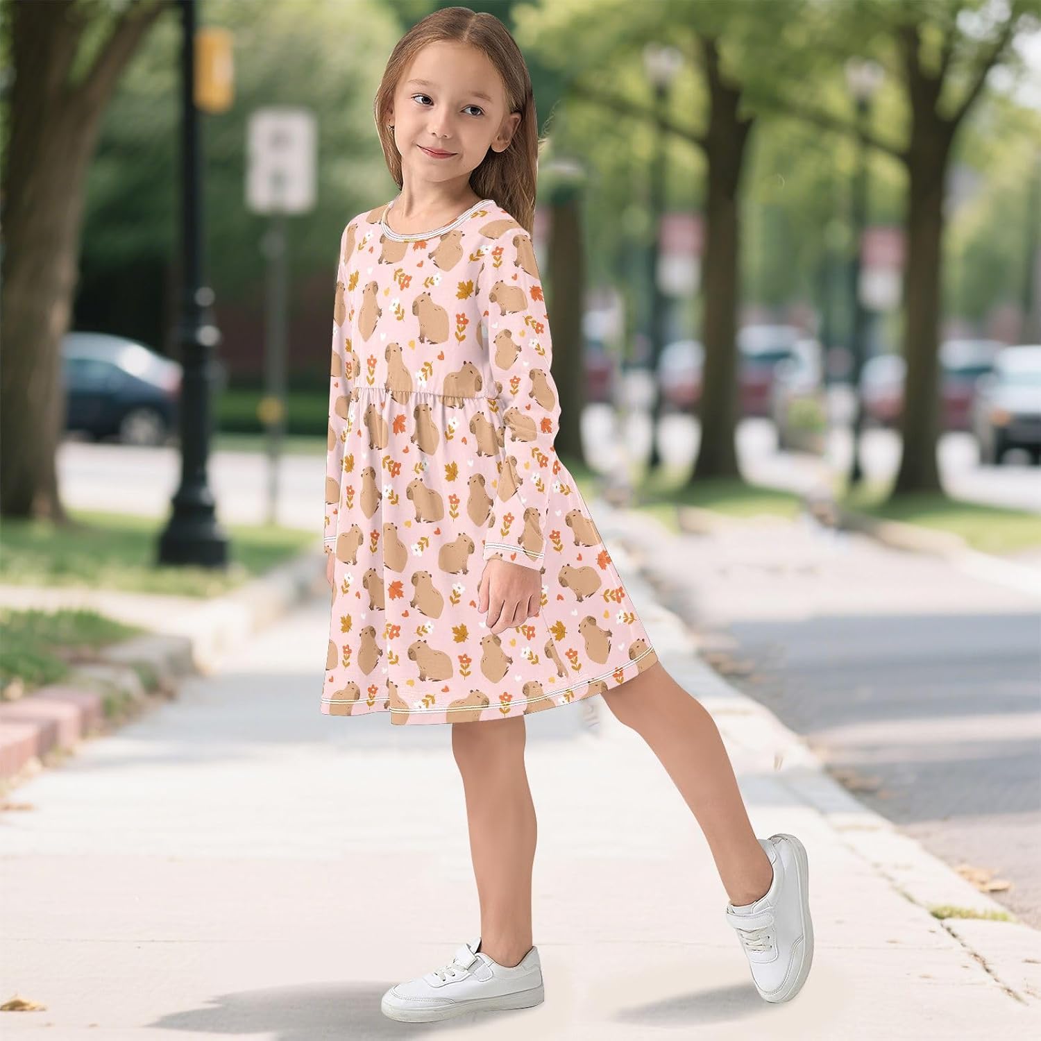 Toddler Girl Dresses Daisy Cute Capybara Long Sleeve A-line Casual T-Shirt Dress - Image 3