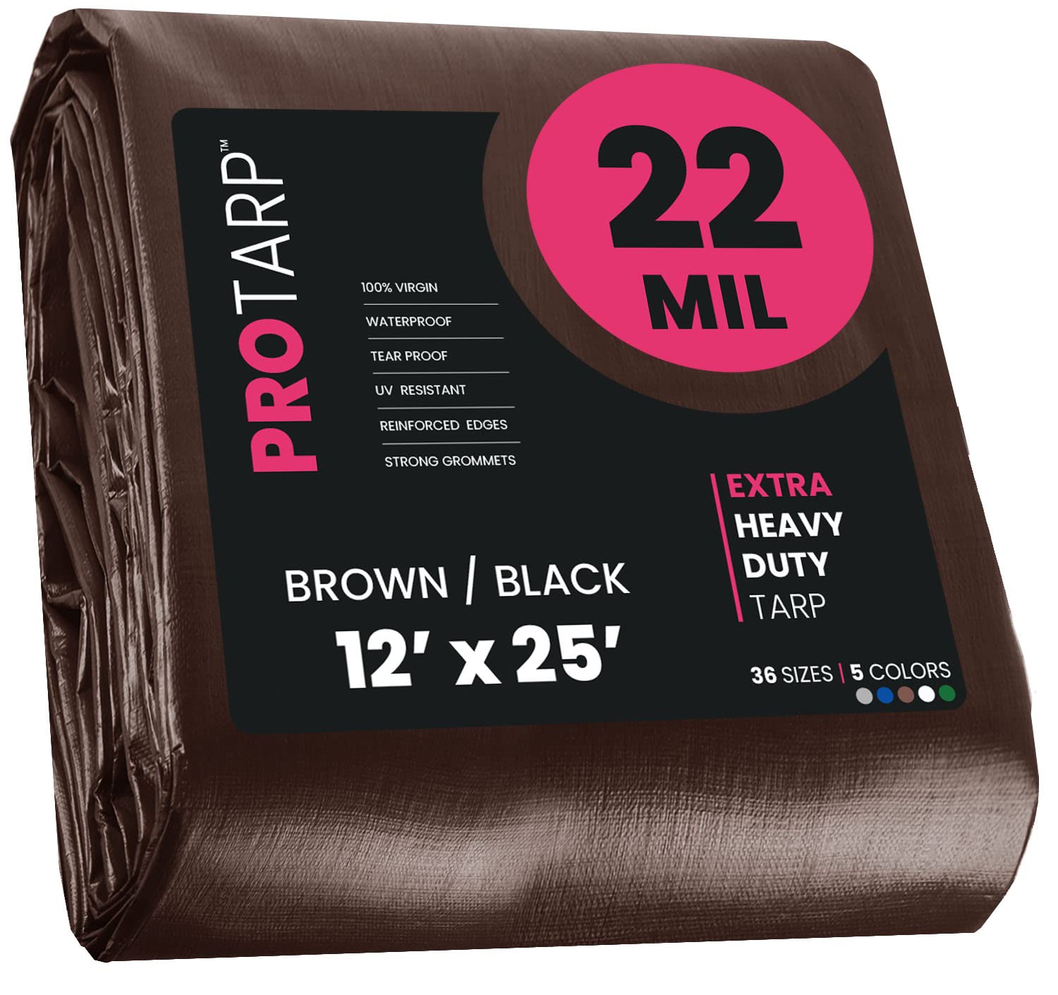 Extreme Heavy Duty 22 Mil Tarp Cover, Waterproof, UV Resistant, Rip and Tear Proof, Poly Tarpaulin with Reinforced Edges for Roof, Camping, Patio, Pool, Boat. (Brown/Black 12′ X 25′)