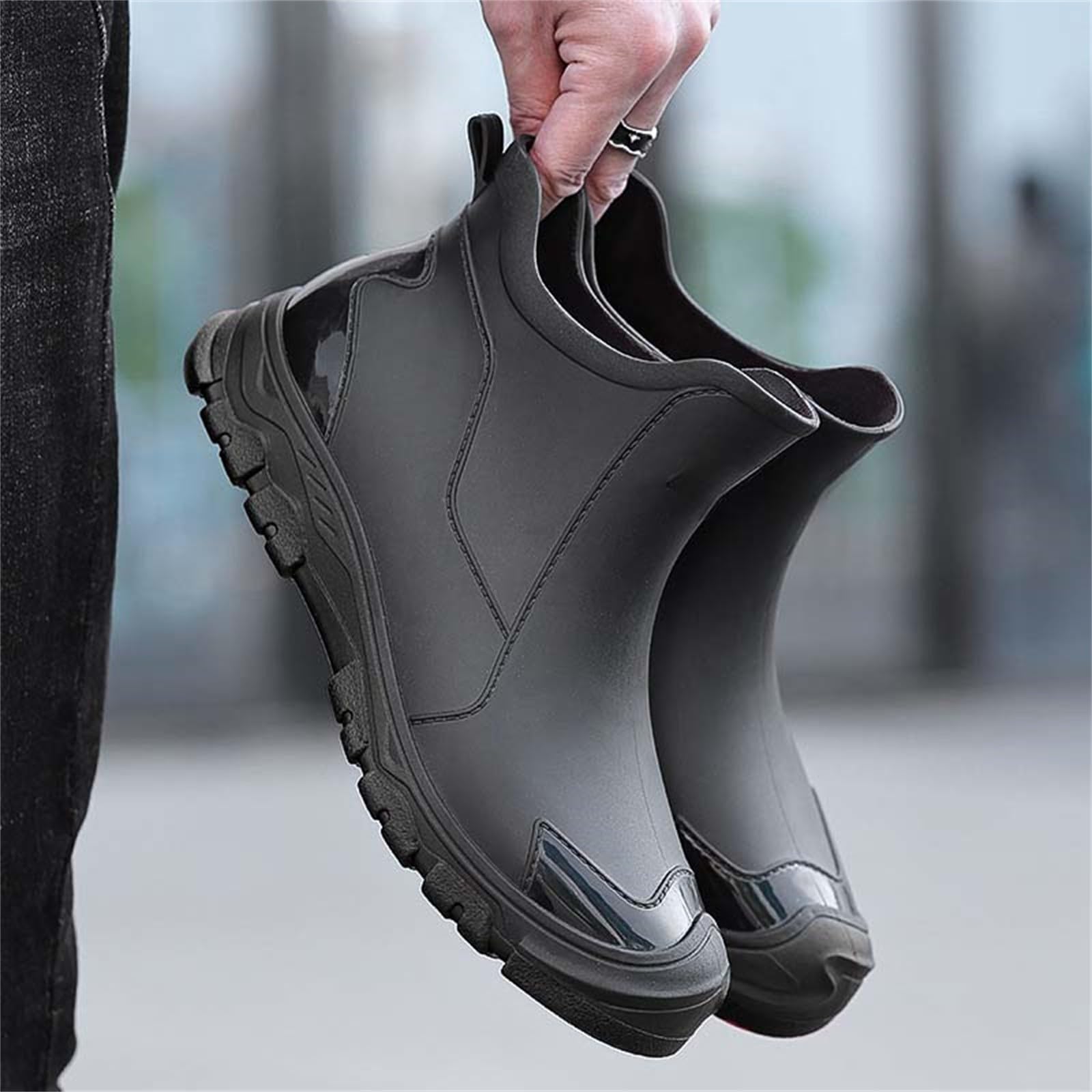 Generisch Scarpe in gomma impermeabili da uomo, stivaletti in pelle, estivi, per giornate di pioggia, da pesca, stivali alla caviglia, antiscivolo, da giardino, traspiranti, in tinta unita, per il